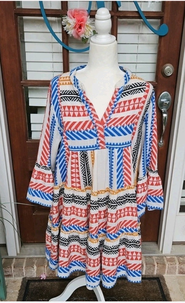 Devotion TWINS Ella Short Multicolor Geometric Tiered V-Neck Dress