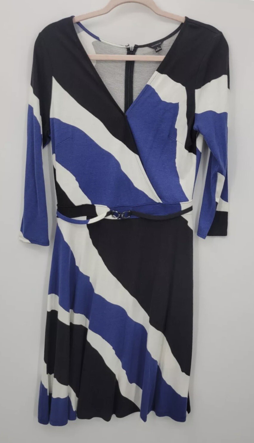 Ann Taylor Dress Womens 6 Blue White Black Abstract Long Sleeve Stretch Career