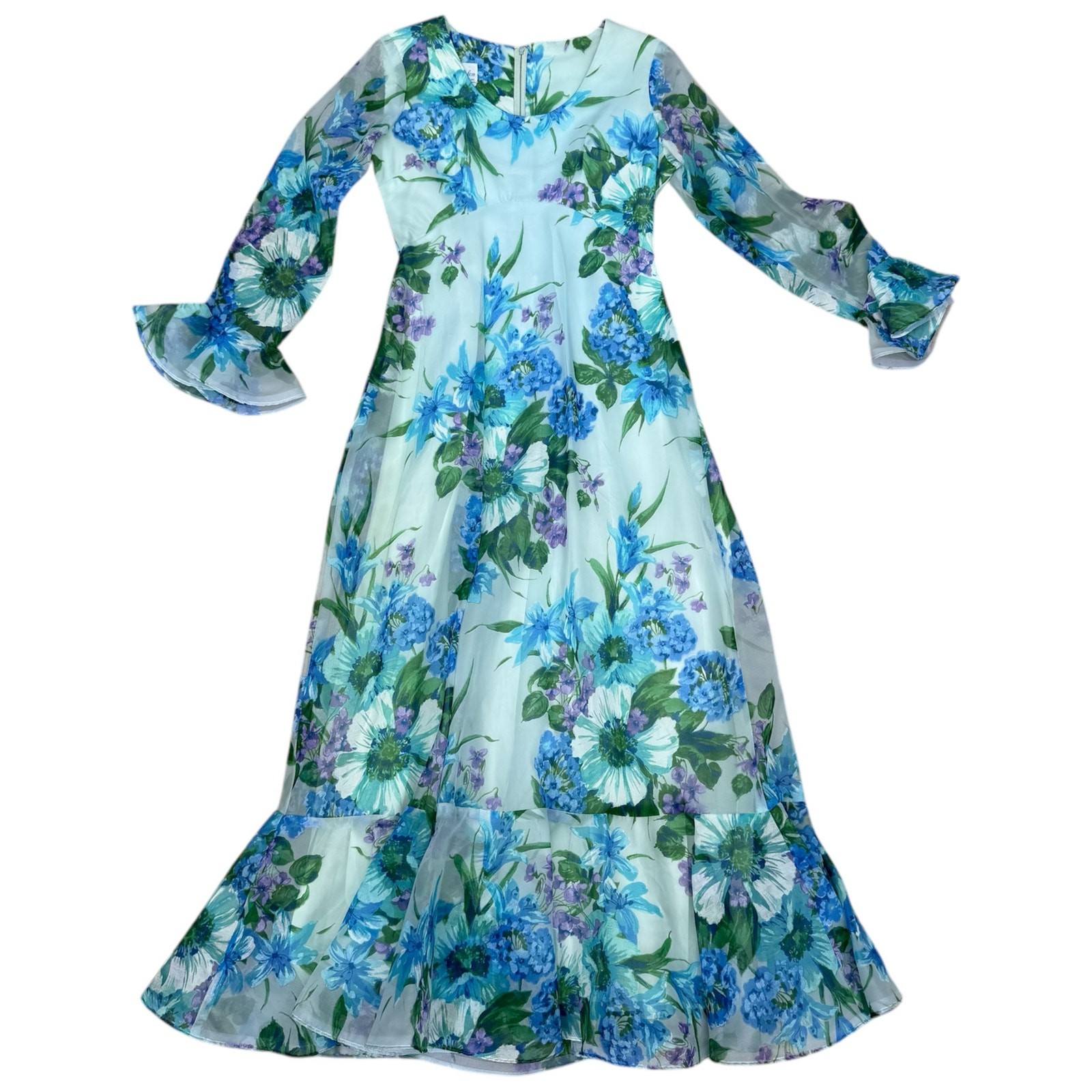 Vintage 70s Long Blue Floral Gown Avalon Classics Size 12 Scoop Neck High Waist