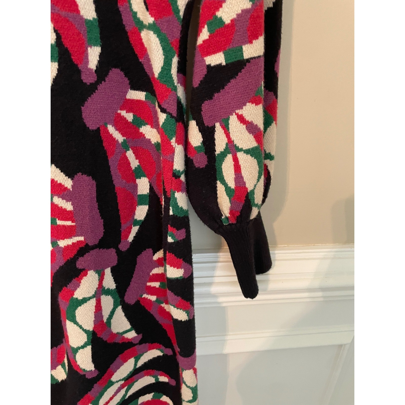 Farm Rio Banana Knit Midi Sweater Dress Black Multi Bishop Sleeve Size L