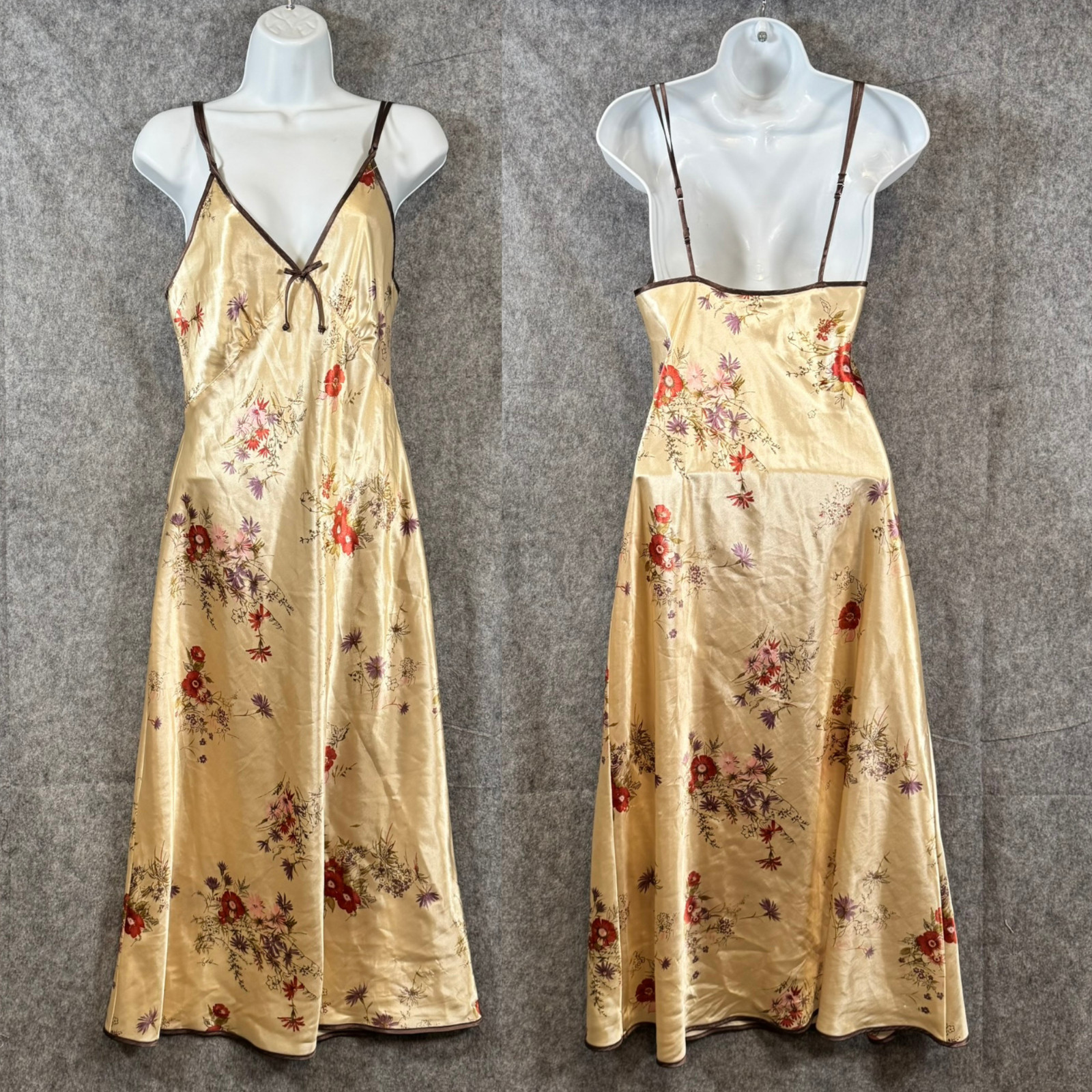 Vintage Y2K Slip Dress Womens Small Brown Satin Floral Maxi Whimsy Forest Fairy