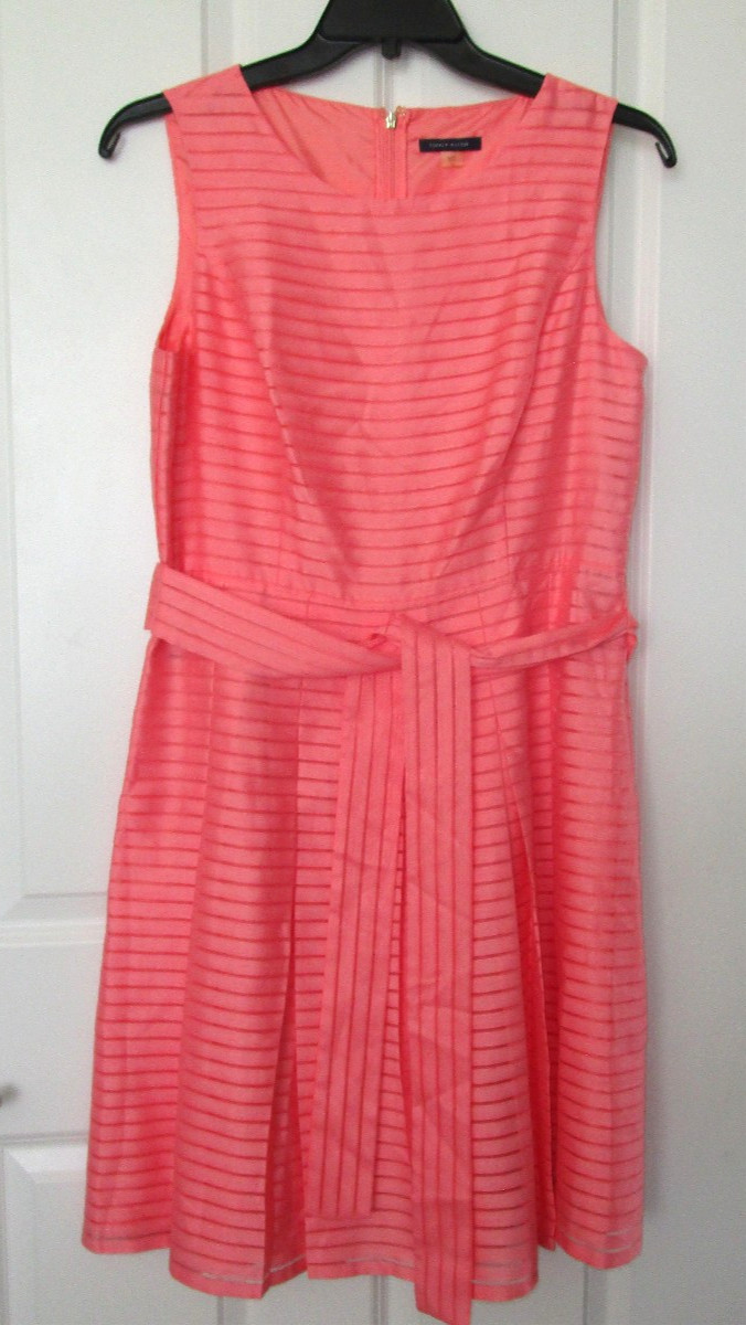Tommy Hilfiger Ilusion Striped Coral Dress Pleated Lined Belted Dress Size 12
