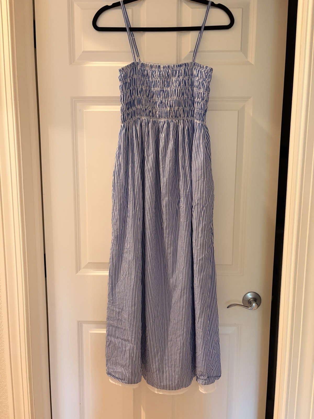 Sugar Lips Blue White Striped Smocked Lined Midi Dress Strappy Square Neck S