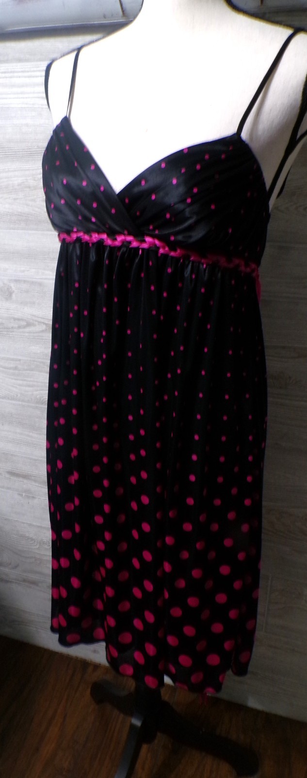 Y2k Ruby Rox Babydoll Mini Dress M Satin Black Pink Polk Dots Fairy Whimsigoth