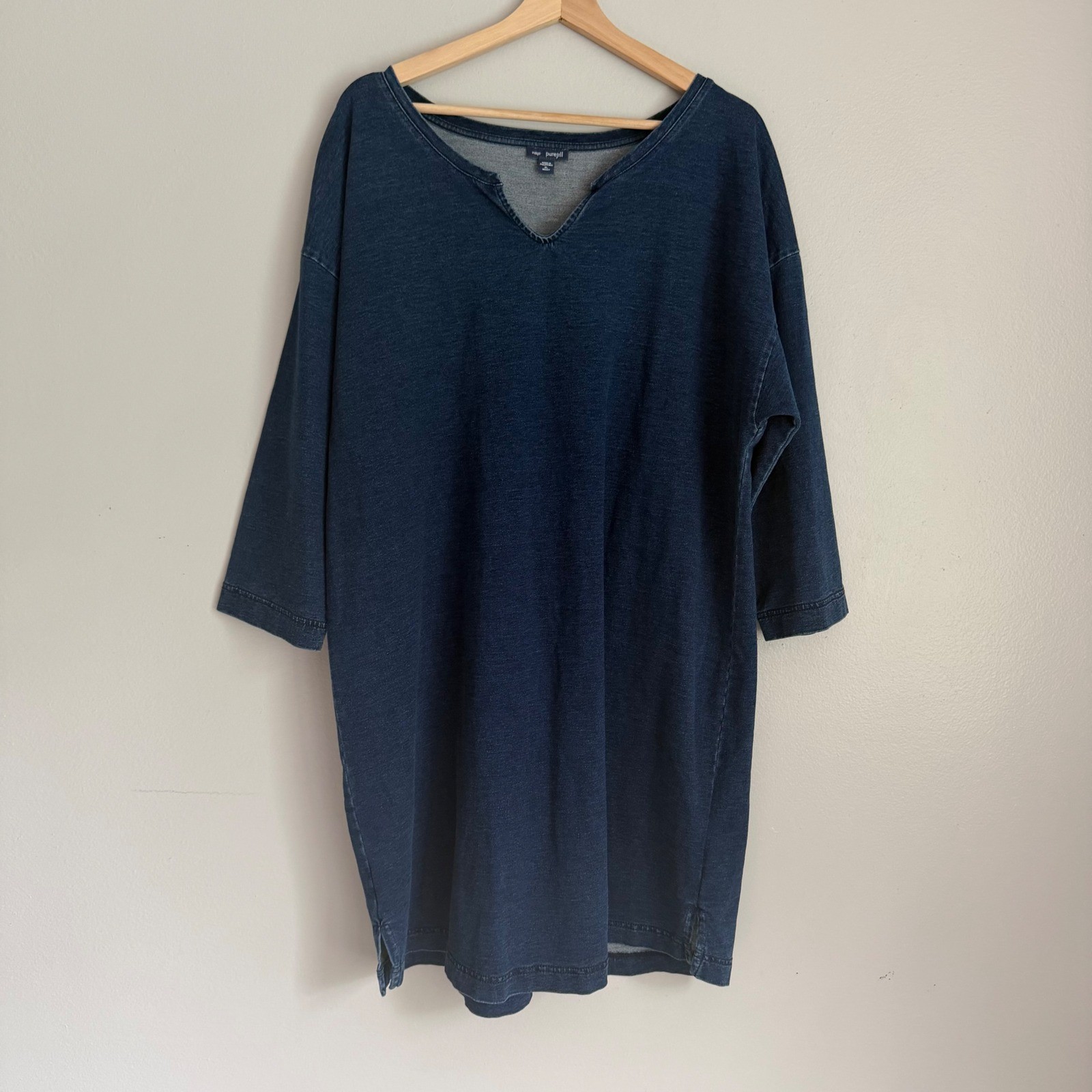 Pure Jill Indigo Blue Cotton Knit V-Neck Tunic Dress XL Missy French Terry