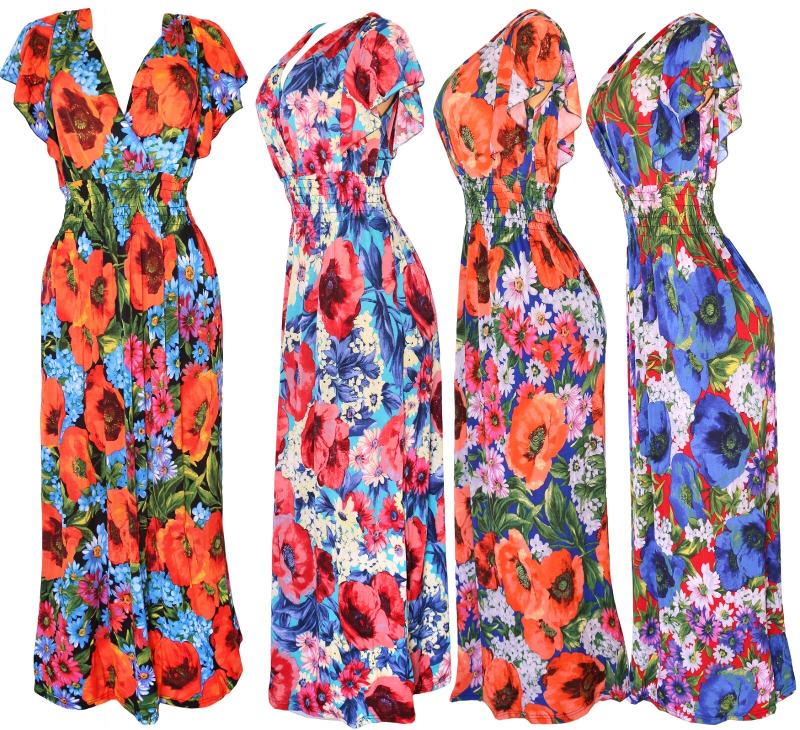 Women’s Butterfly Sleeve Poppy Flower Smocked Summer Sundress Long Dress