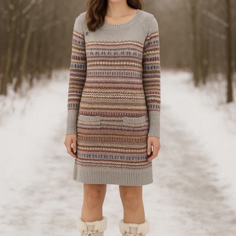 Sundance Elise Lighthouse Fair Isle Wool Knit Dress Size XL
