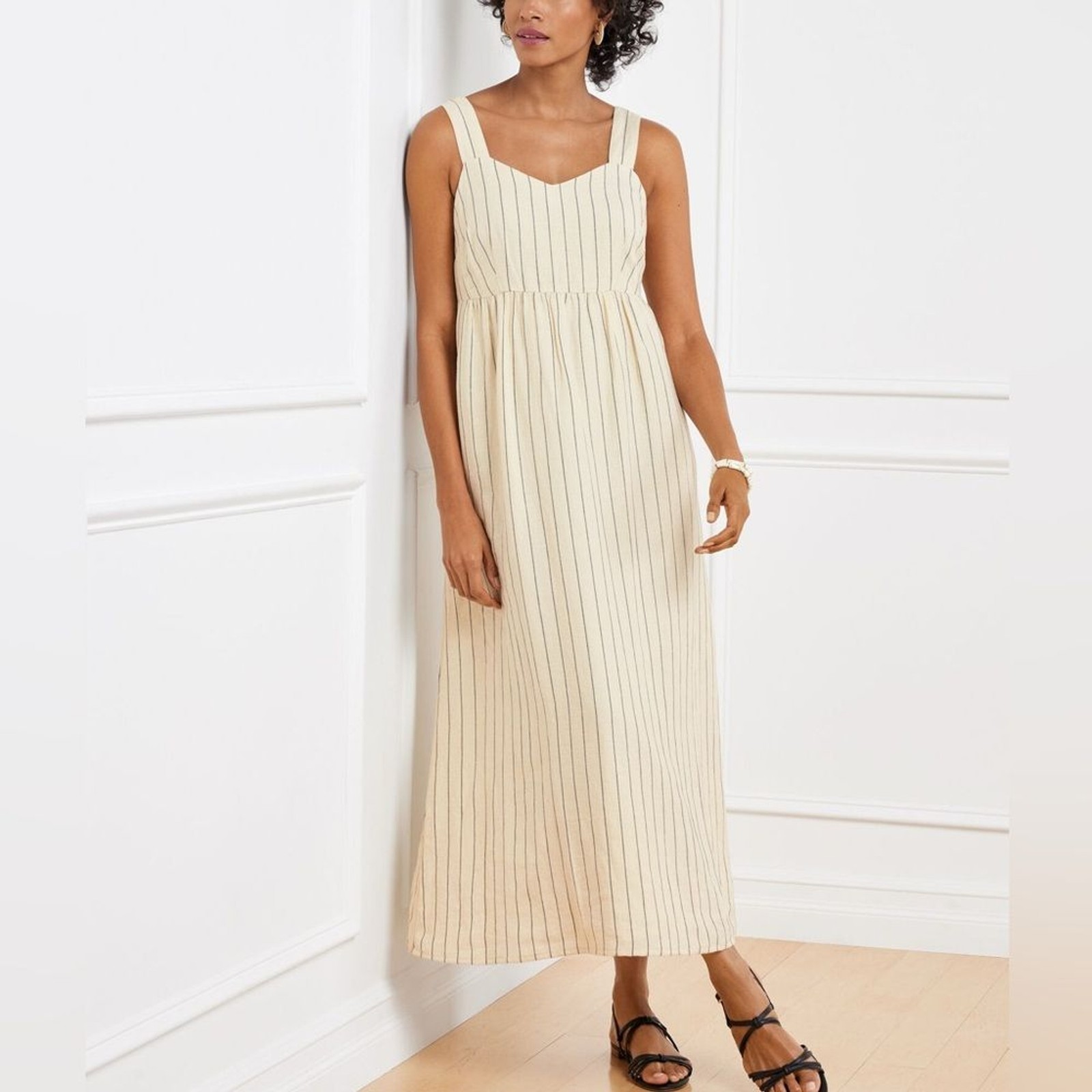 Talbots Linen Maxi Dress Riviera Stripe 10 Petite Cream Tan NWT