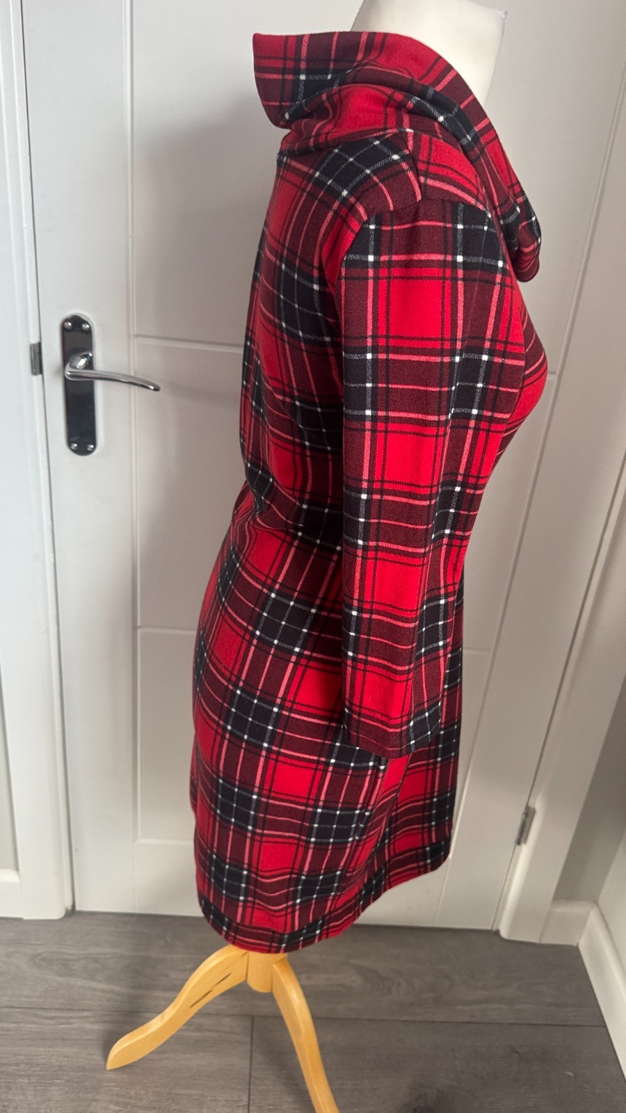 Apricot Red Black Tartan Check Cowl Neck Knit Jumper Dress M UK 12 B21