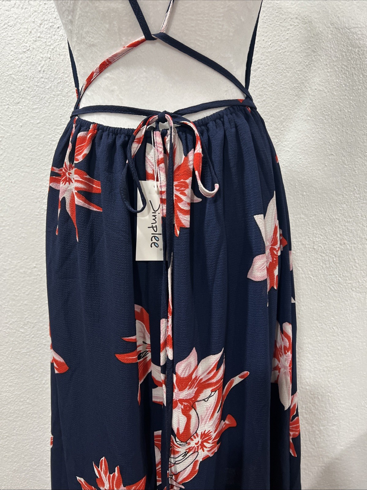 Simplee Floral Maxi Dress Large Navy Orange V-Neck Halter Mock Wrap High Slit