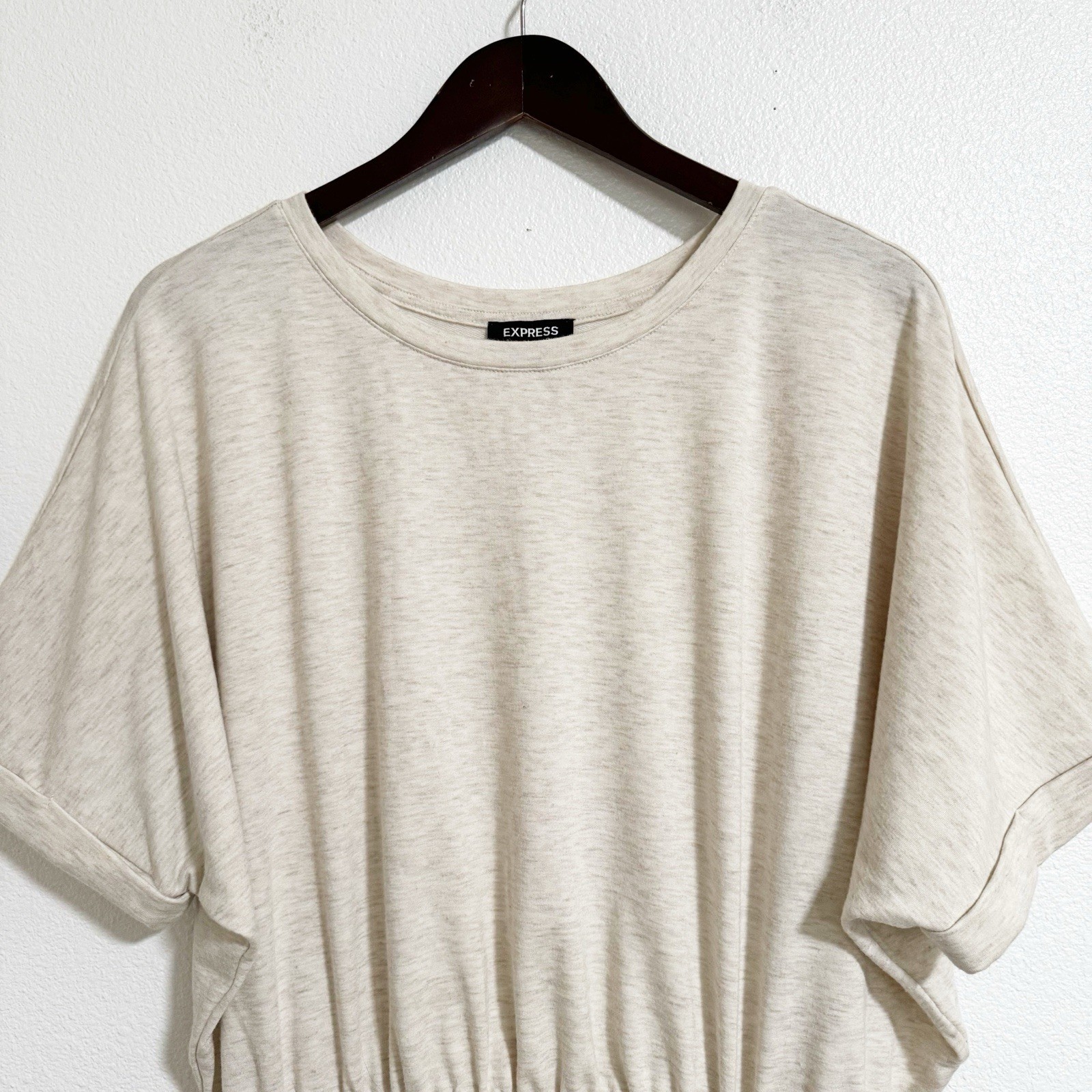 Express French Terry Knit Ruched Tee Shirt Dress Heathered Oatmeal Size XL