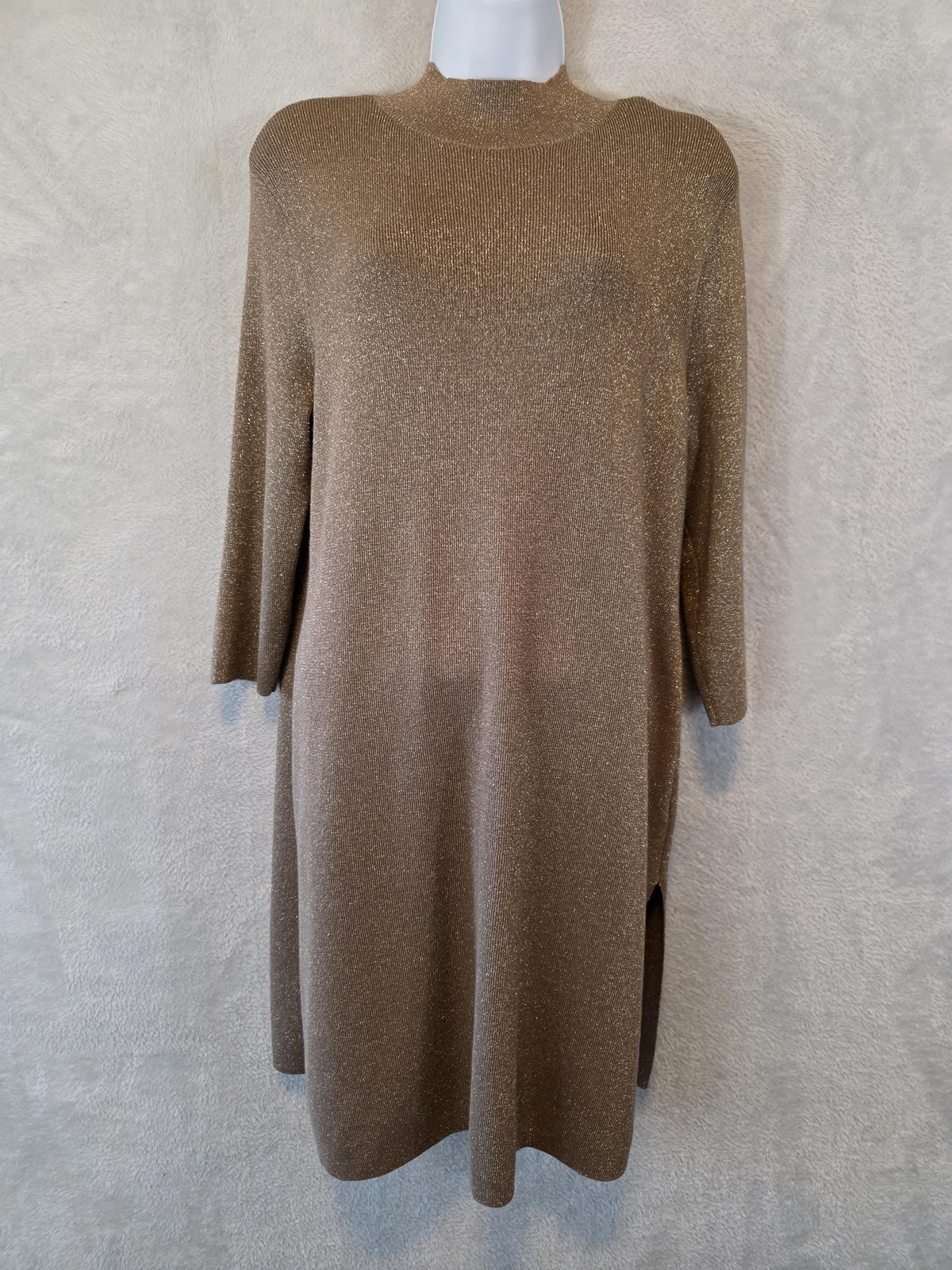 NWT Chico’s Sweater Dress Womens Medium Gold Metallic Travelers Mock Neck Party