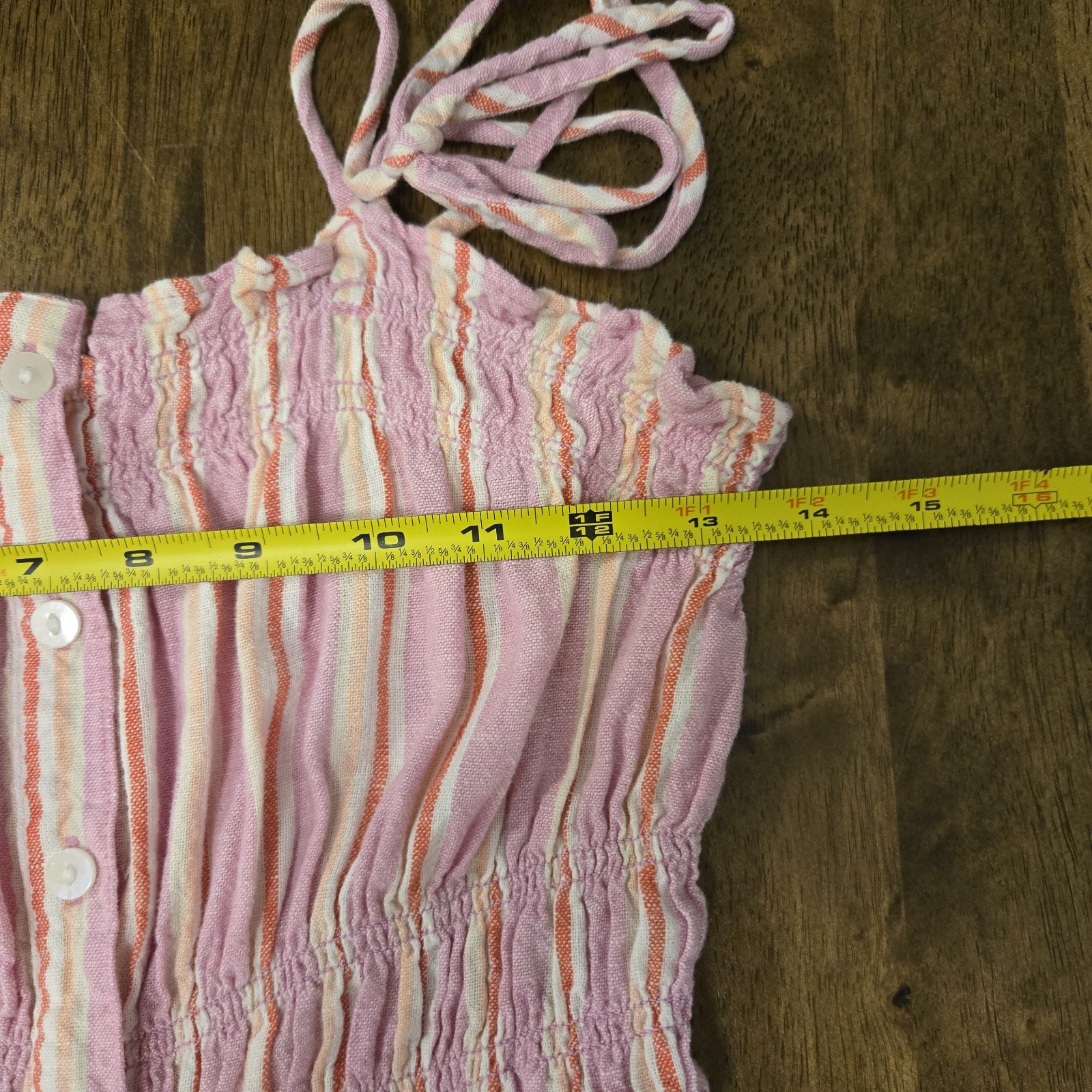 Pink Striped Smocked Linen Blend Midi Dress Tie Shoulder Button Summer Beach S
