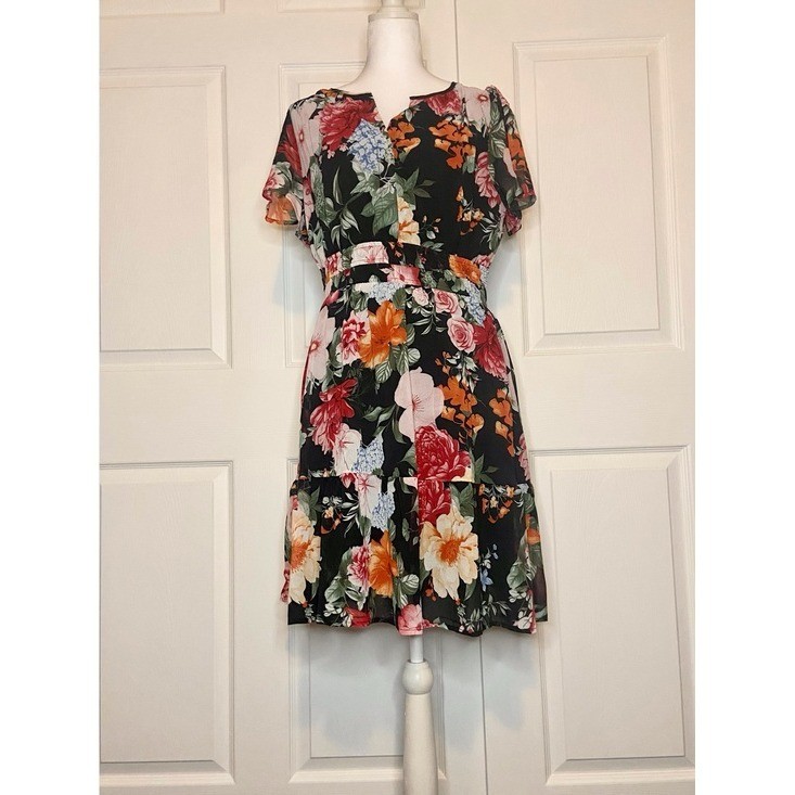 Simplee Black Floral Chiffon Mini Dress Smocked Waist Short Flutter Sleeve