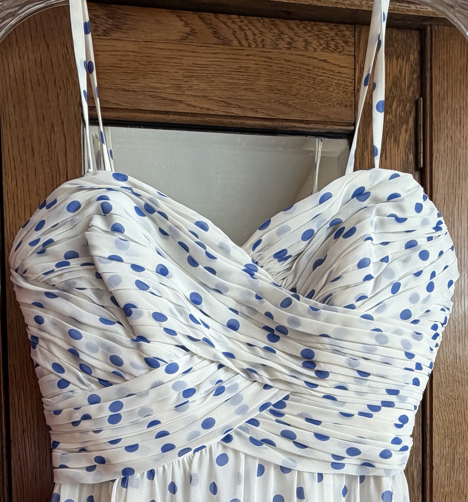 Lauren Ralph Lauren Evening White Blue Polka Dot Chiffon Maxi Dress 4P