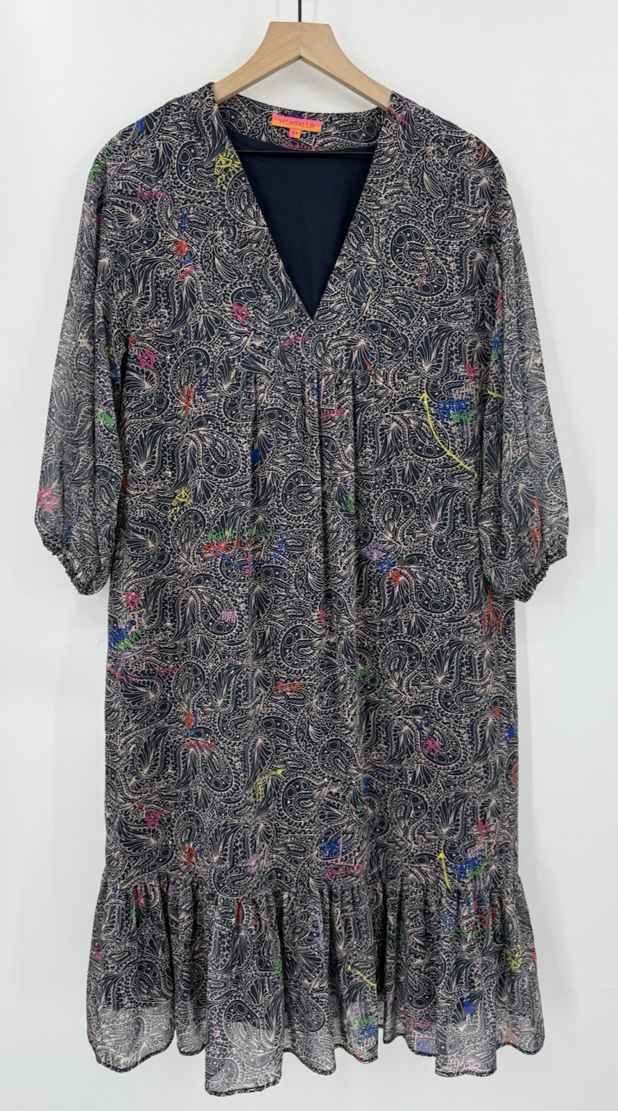 Vilagallo Dress Womens 12/44 Blue Paisley Art Lightweight Sheer Sleeves Portugal