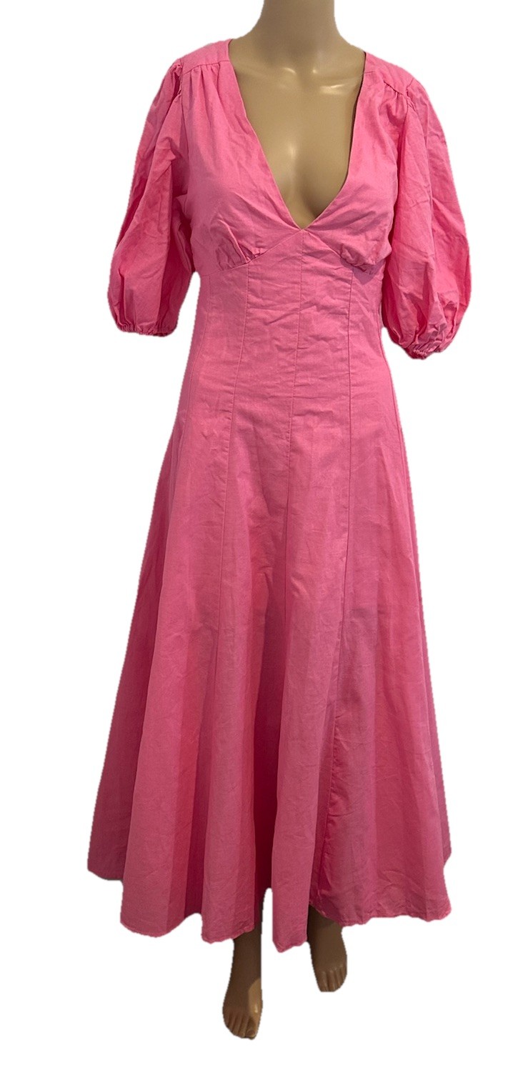 All About May Womens Pink Linen Midi Dress Back Cut Out Puff Sleeve Size 10 New