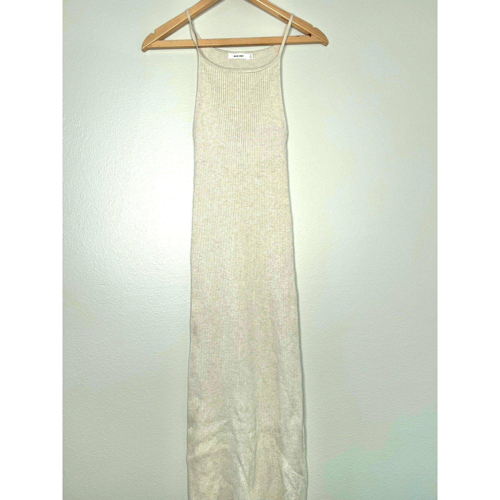 MOD REF Ribbed Knit Tank Maxi Dress Beige Spaghetti Strap Side Slit Size S