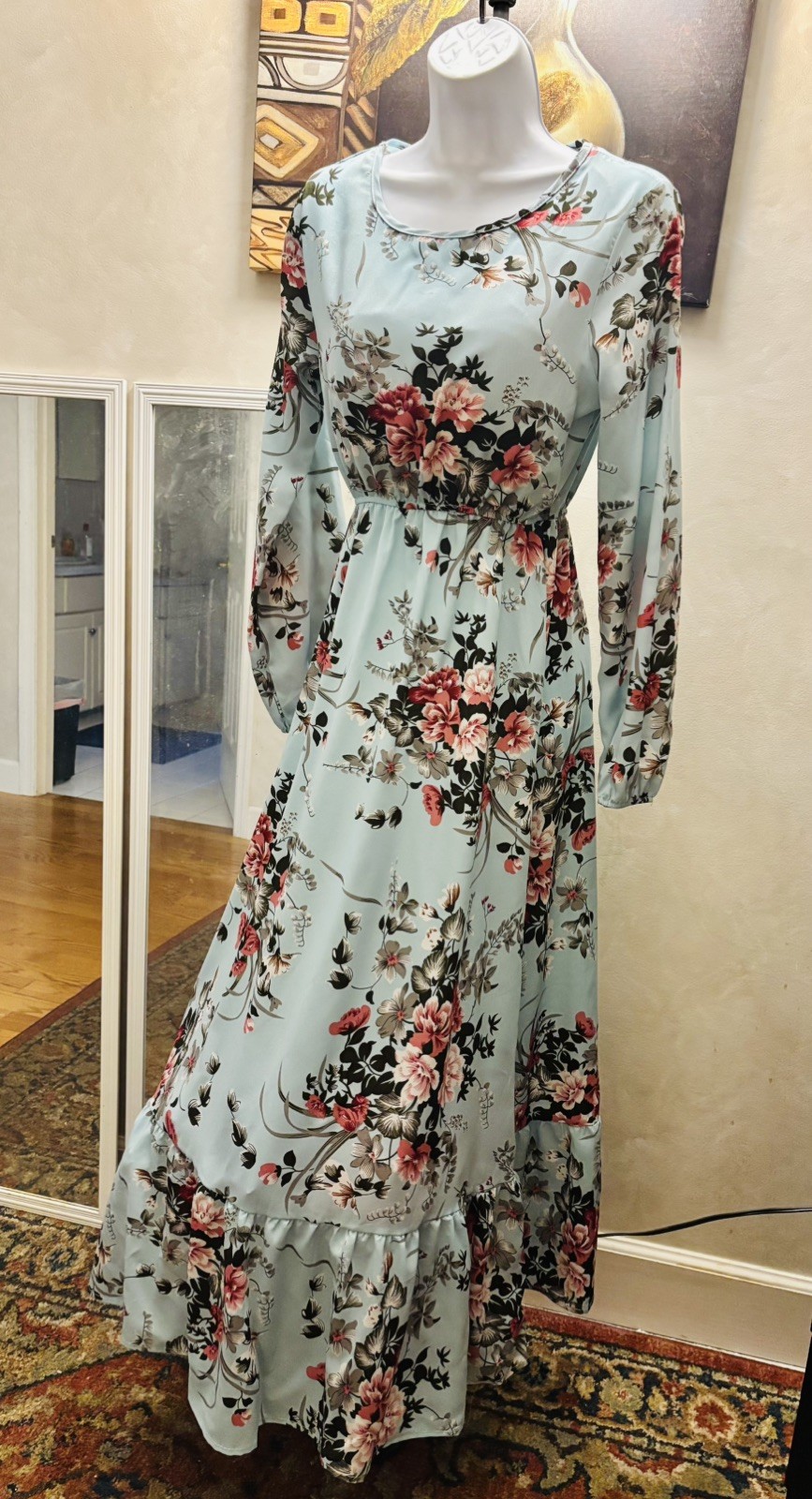 Blue Rose Women’s Maxi Dress Beige Floral Print, V-Neck, Long Sleeves, Size M