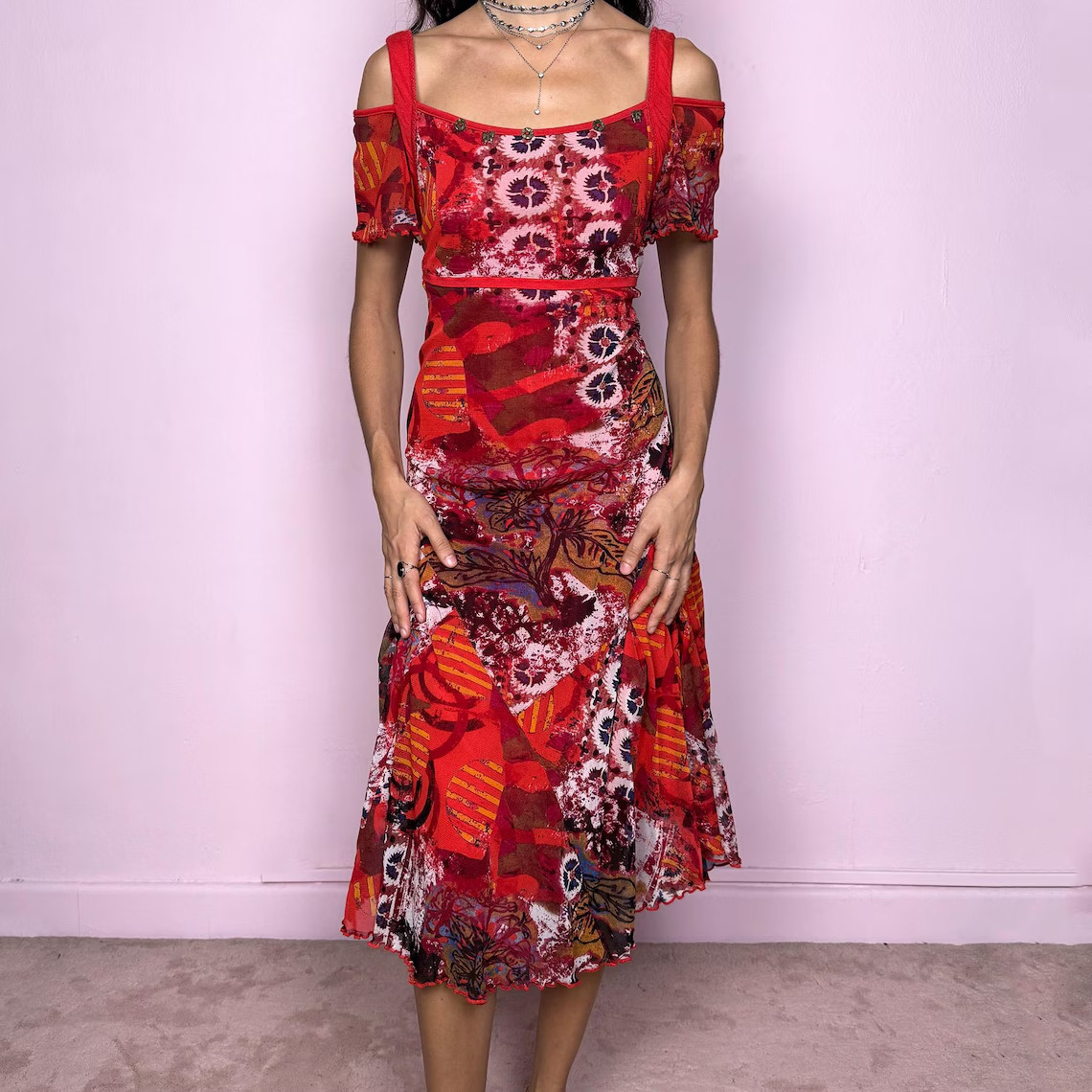 Vintage Red Midi Dress Graphic Mesh Sheer Maximalist Deconstructed Y2K Size L