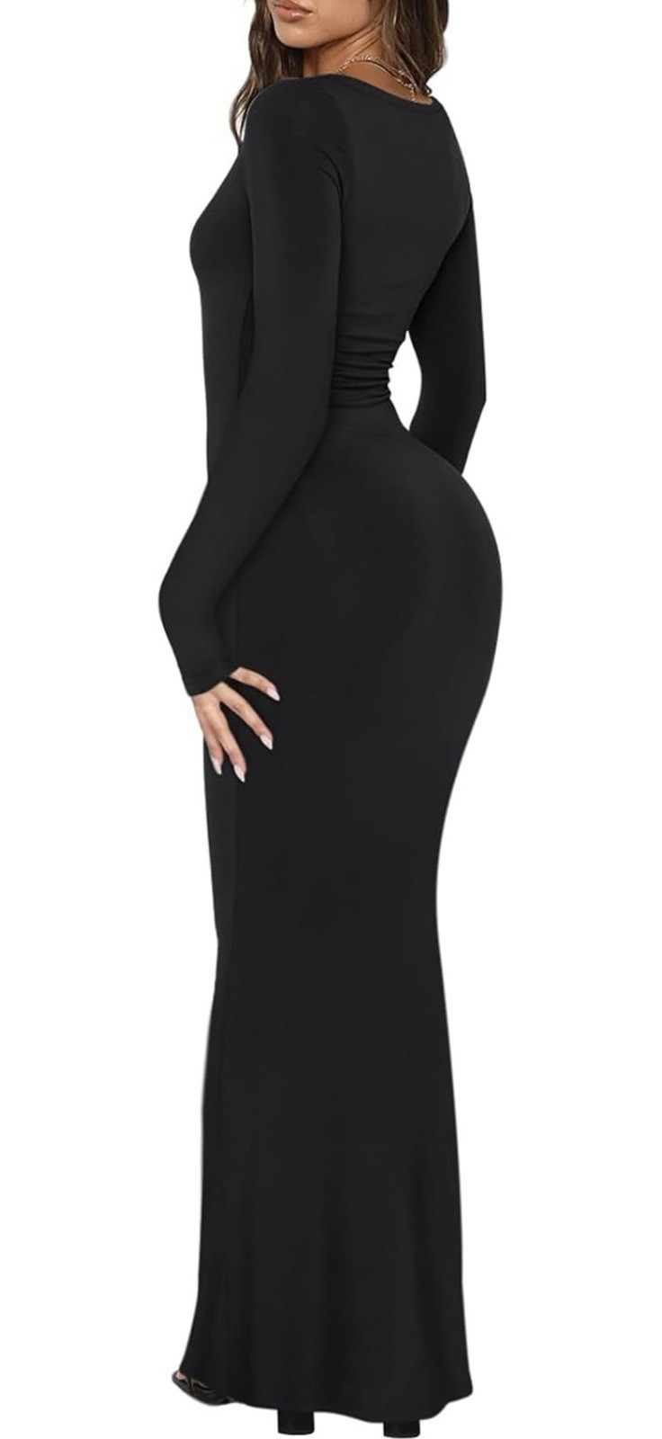 Black Solid Knit Stretch Bodycon Maxi Dress Scoop Neck Long Sleeve Size S