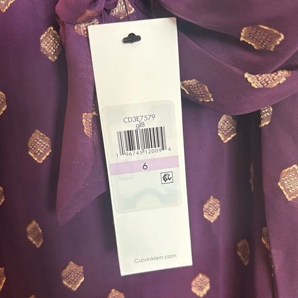 Calvin Klein Tie Cuff Long Sheer Balloon Sleeve Mini Dress Purple Gold Sz 6 NEW