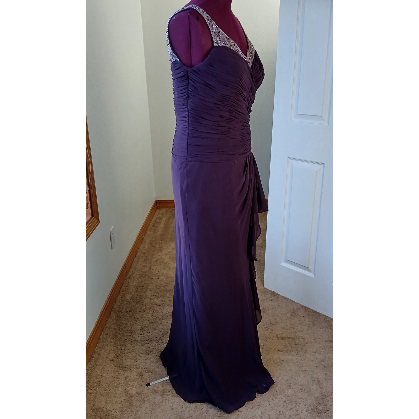 La Perle Aubergine Beaded Sweetheart Maxi Gown 16 slight train leg slit formal