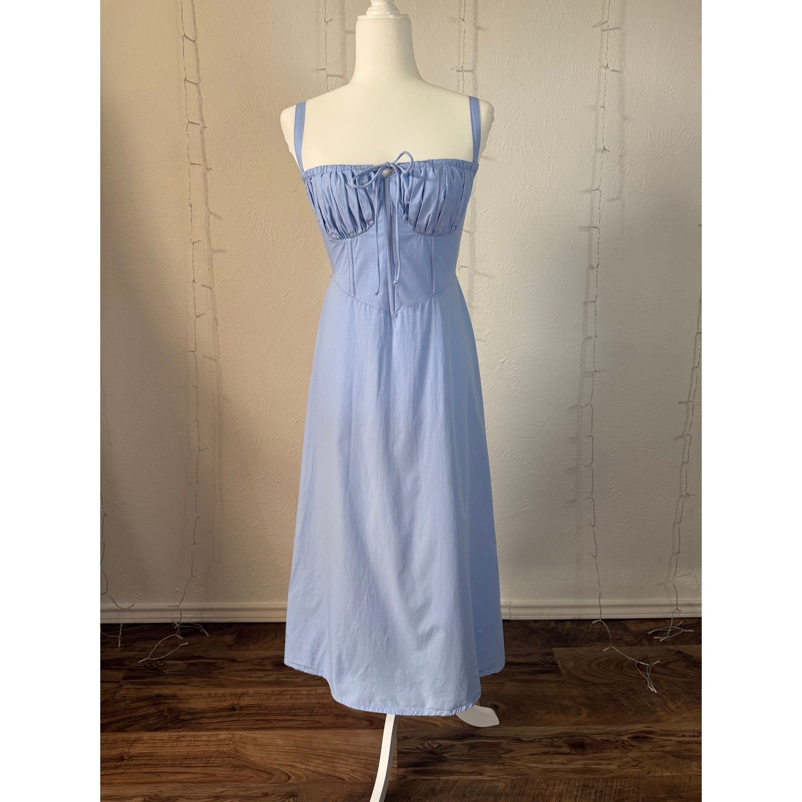 SIM & SAM Blue Cotton Corset Midi Dress Lace Up Back Sundress – Size Small