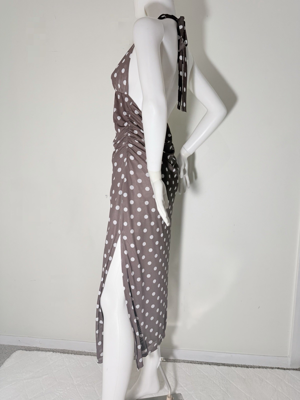 Caroline Constas Brown White Polka Dot Halter Backless Slit Mesh Midi Dress L