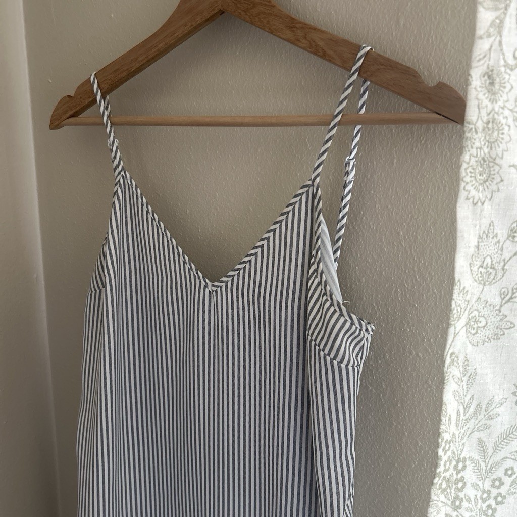 A New Day Women’s XS White/Blue Striped V-Neck Slit Jumpsuit Spaghetti