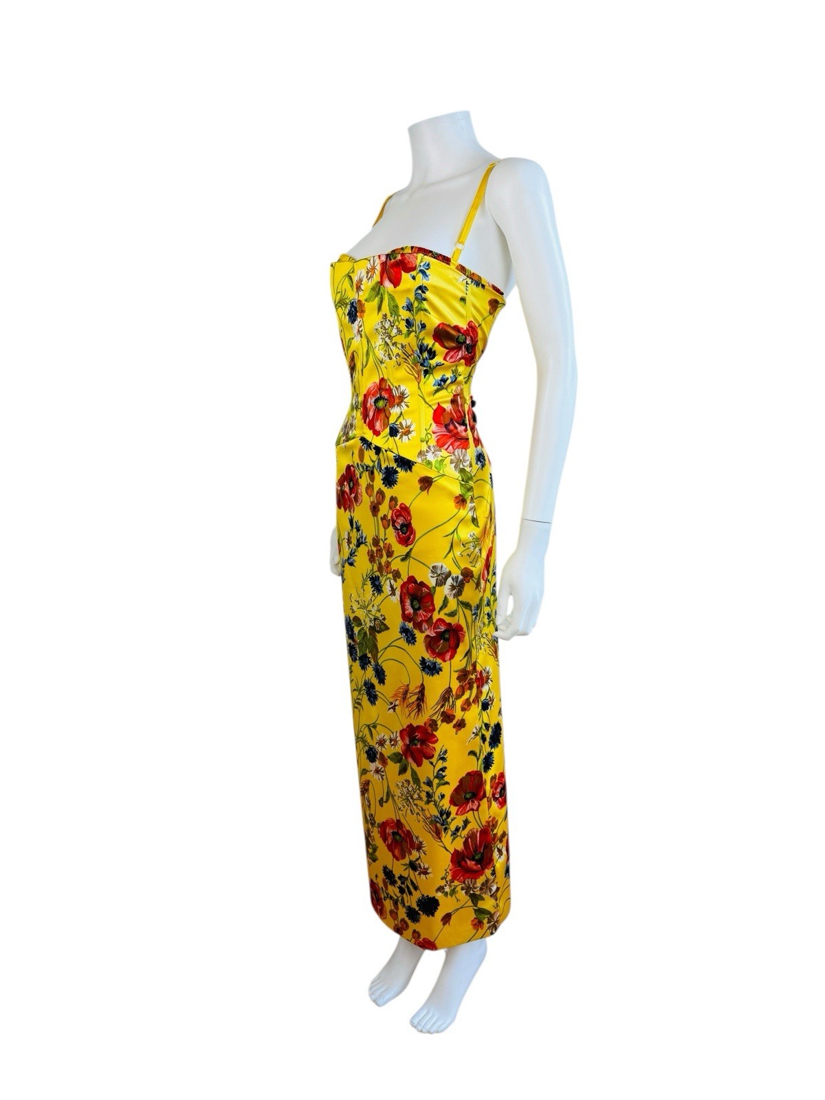 Rare Vintage 1990s Dolce + Gabbana Yellow Silk Floral Stretch Corset Dress Gown