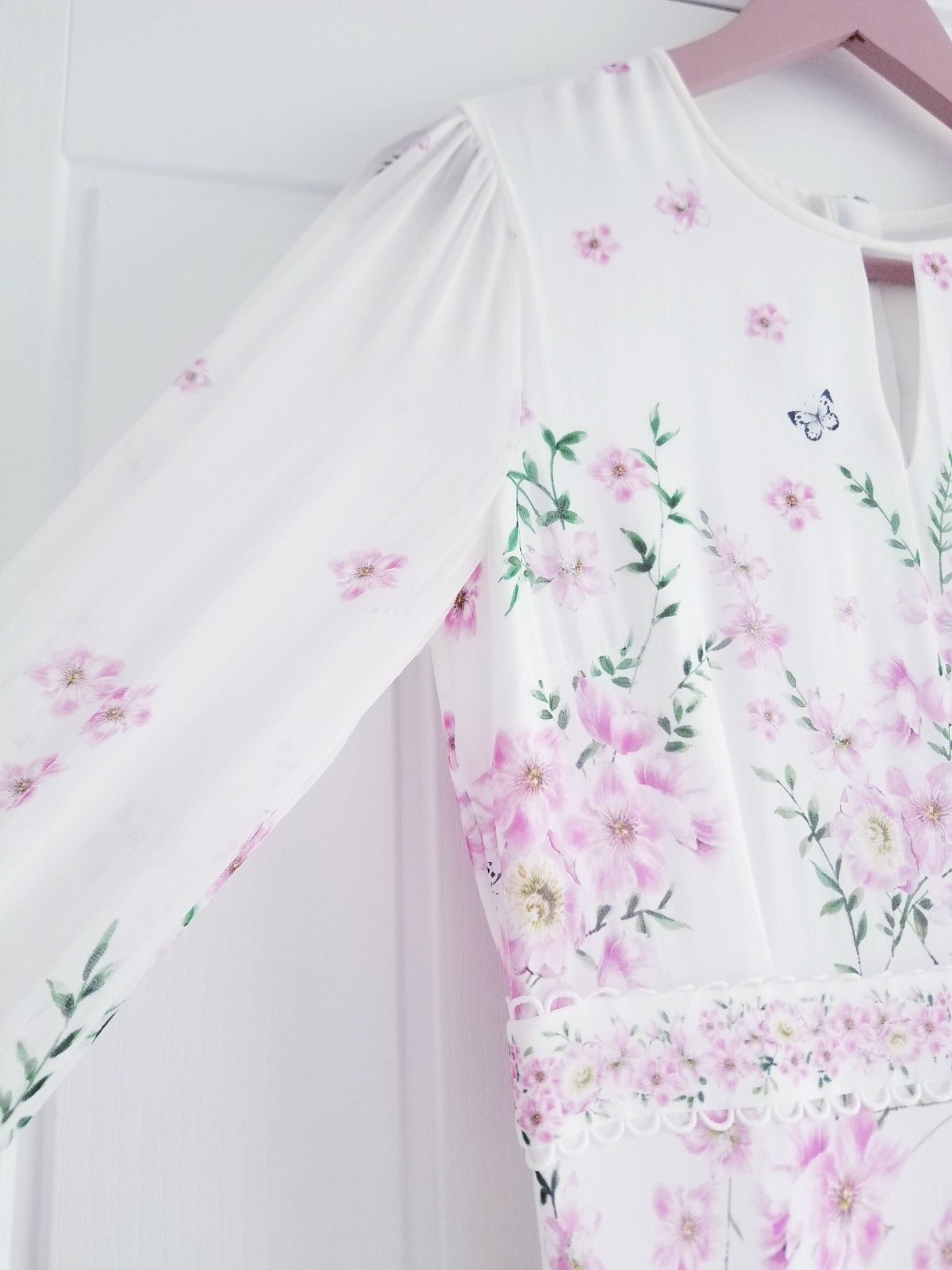 Hobbs Skye Floral Print Pure Silk Midi Dress Ivory Pink Size UK 10 Petite (8-10)