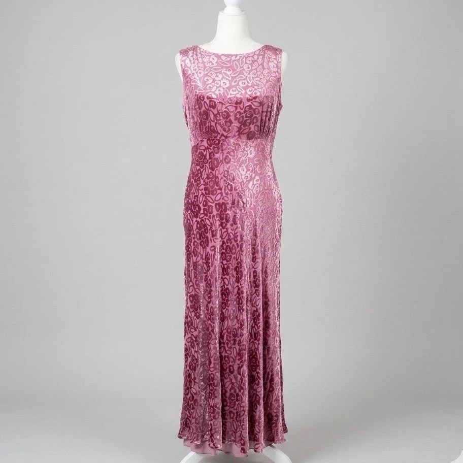 Vintage Mauve Pink Silk Burnout Velvet Floral Maxi Dress Size 6 Y2K Fairy Grunge
