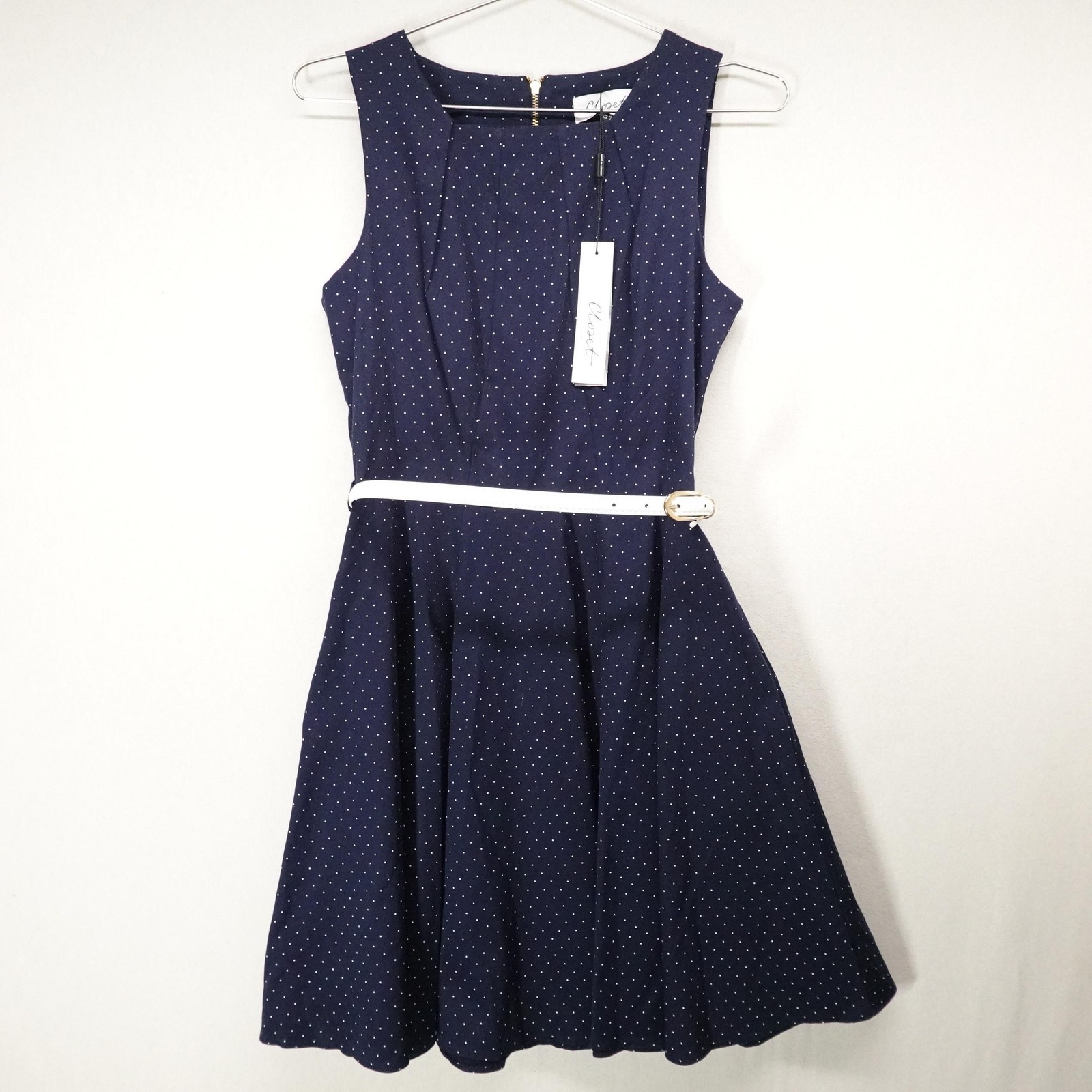 Closet London Dress Womens 6 Blue Polka Dot Fit & Flare Belted Scoop Neck Retro