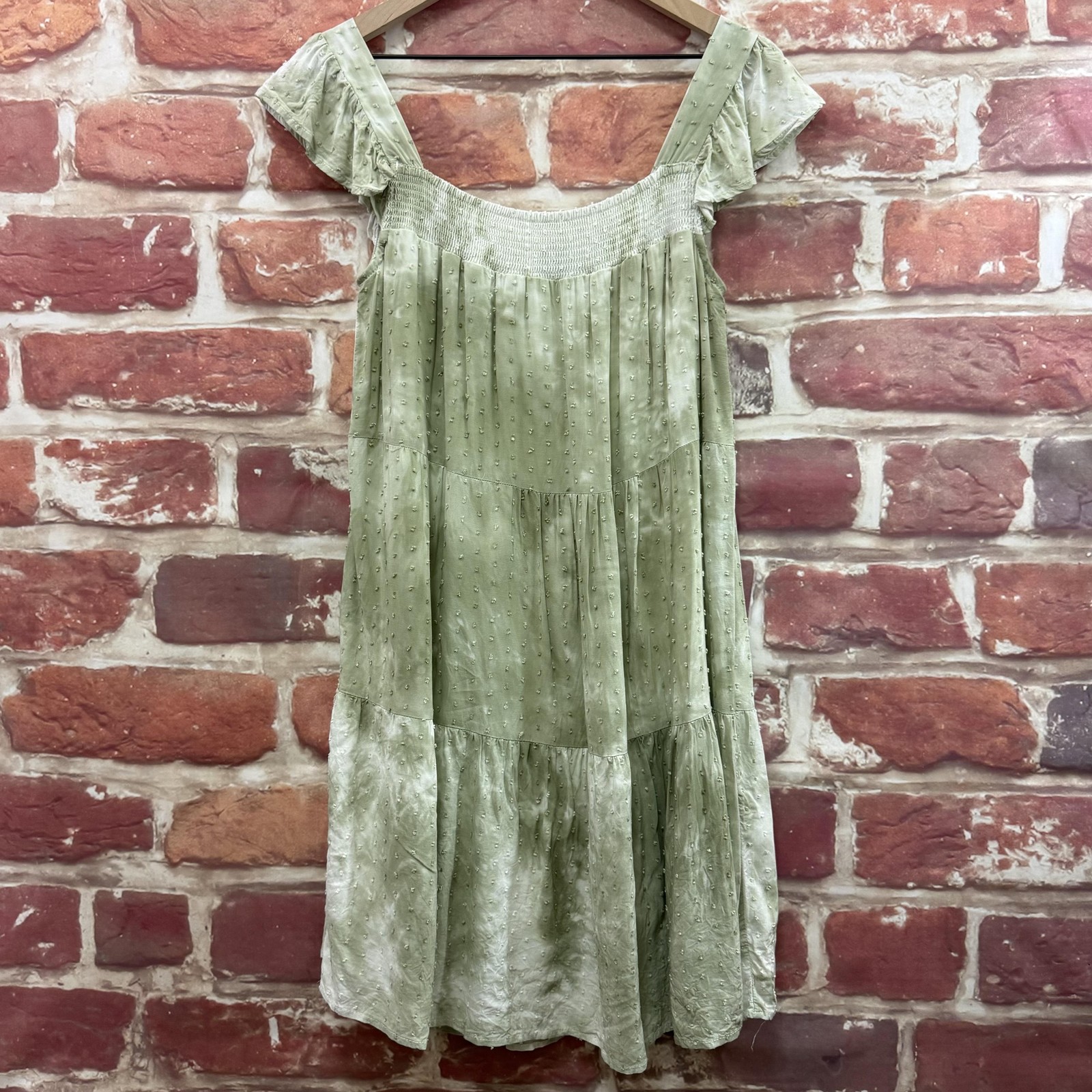 Anthropologie By The River Dress Womens M Green Boho Tie Dye Swiss Dot Sundress
