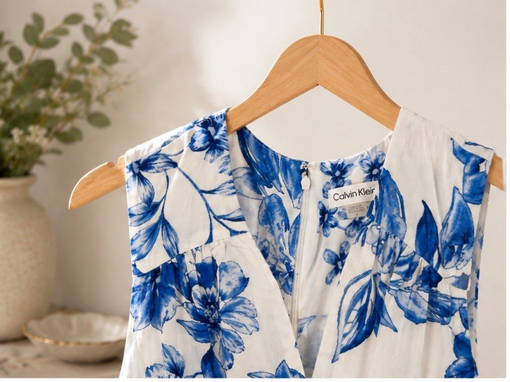 Calvin Klein – Floral Blue and White Wrap Midi Dress Size 8 – New with tags