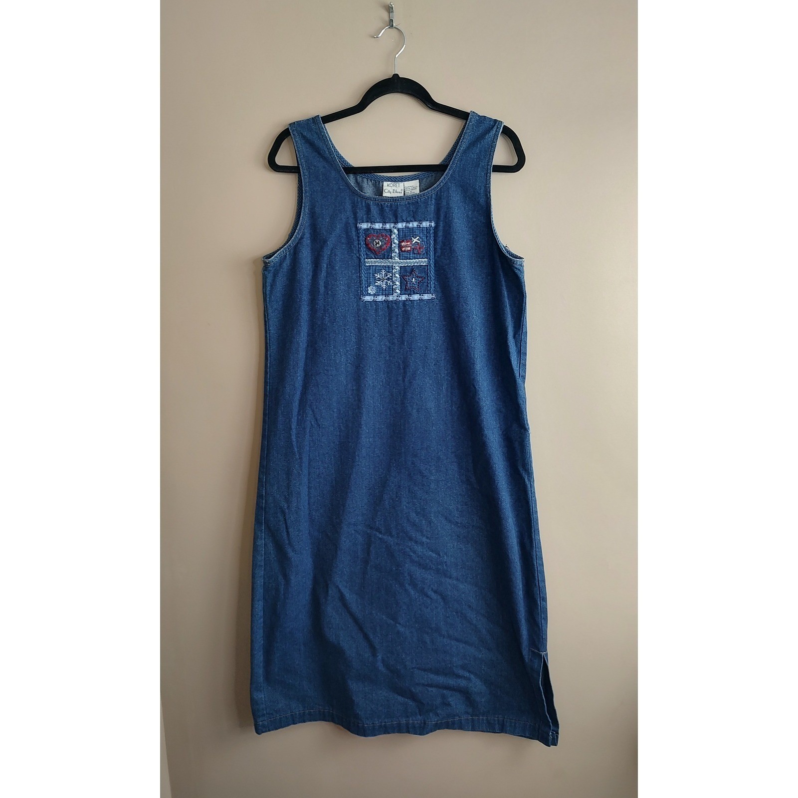 City Blues Denim Pinafore Dress Embroidered Stars Pockets Midi Size Medium