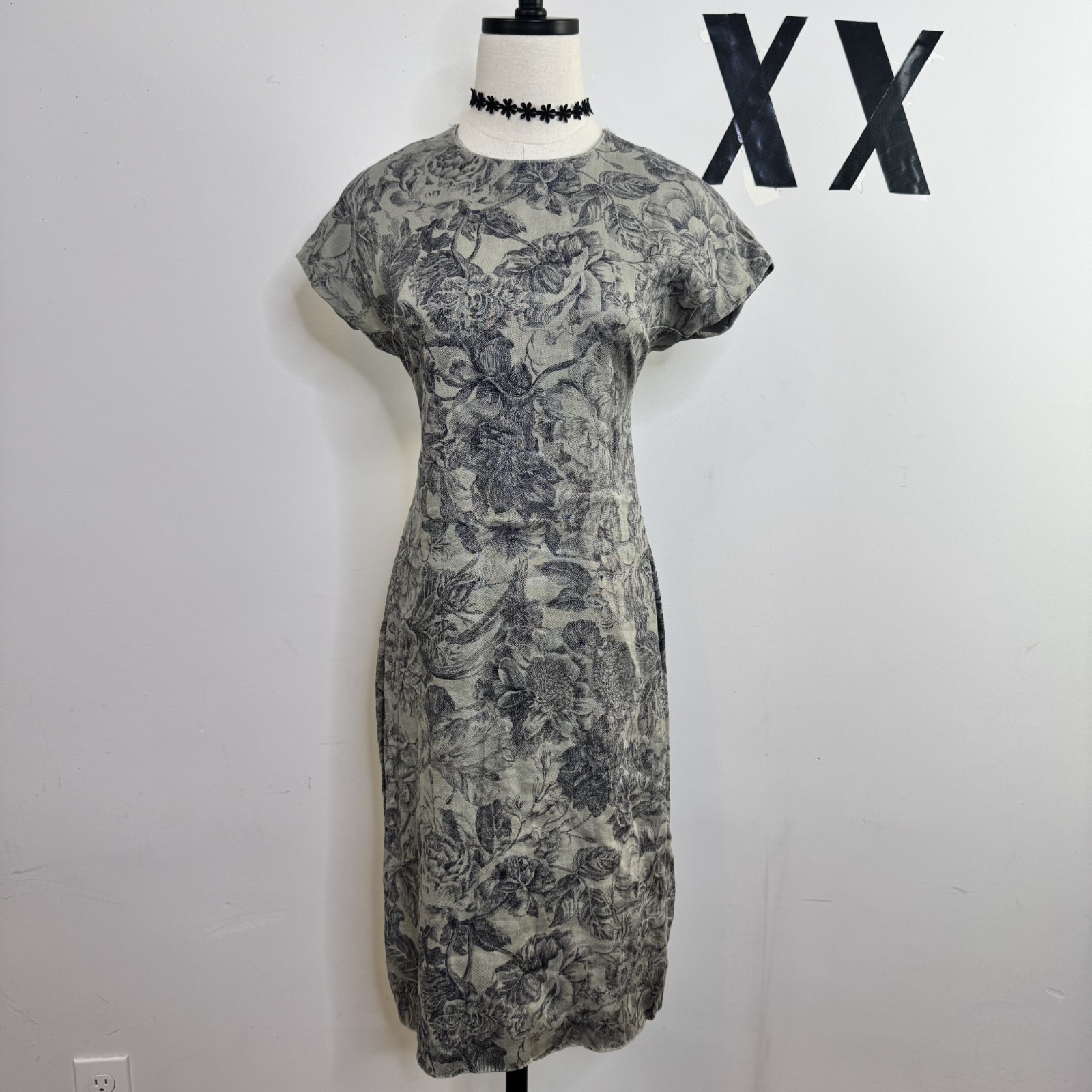 Vintage 90s Ellen Tracy Linda Allard Linen Floral Sheath Midi Dress Lined 8