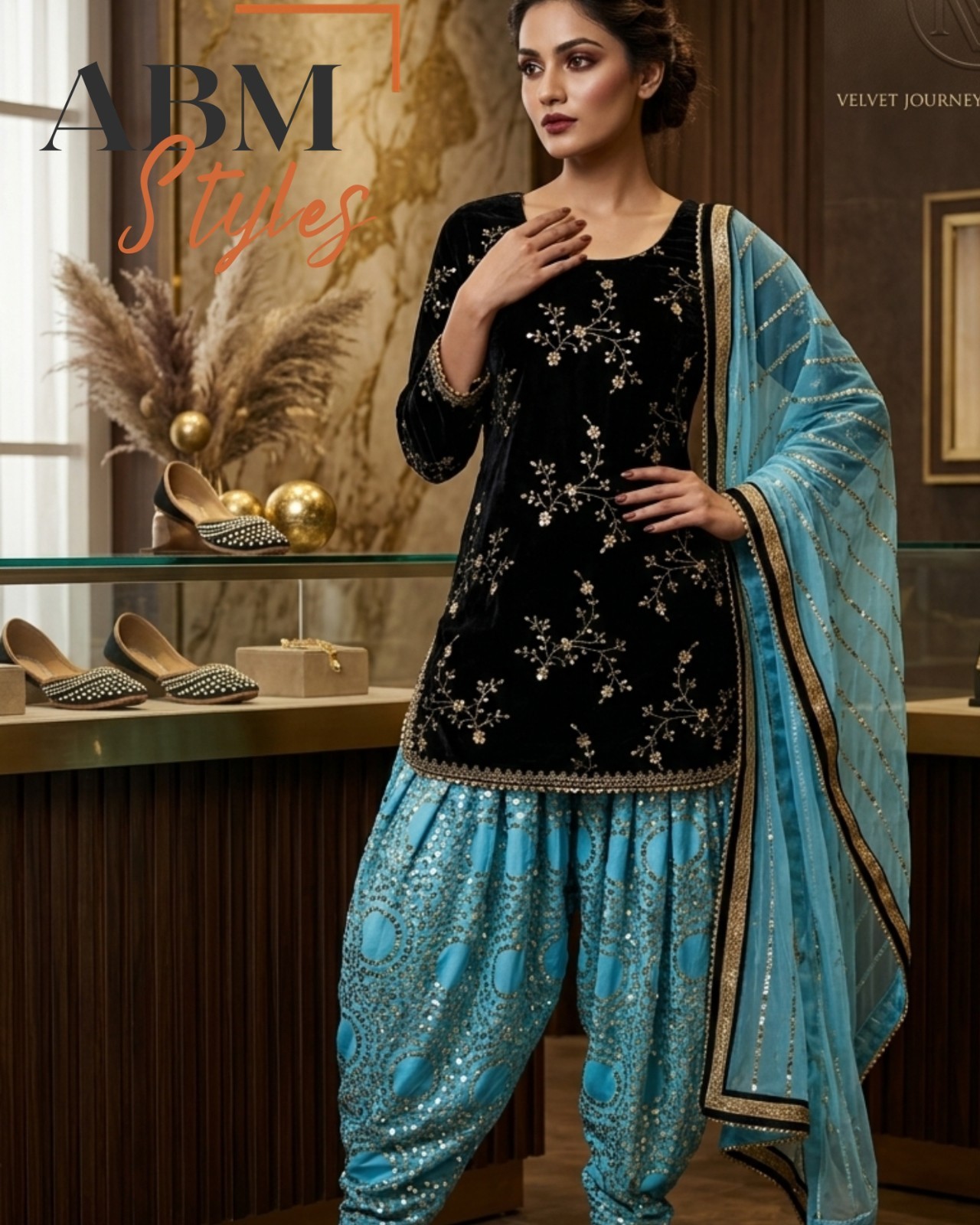 Blue Embroidered Velvet Sharara Set