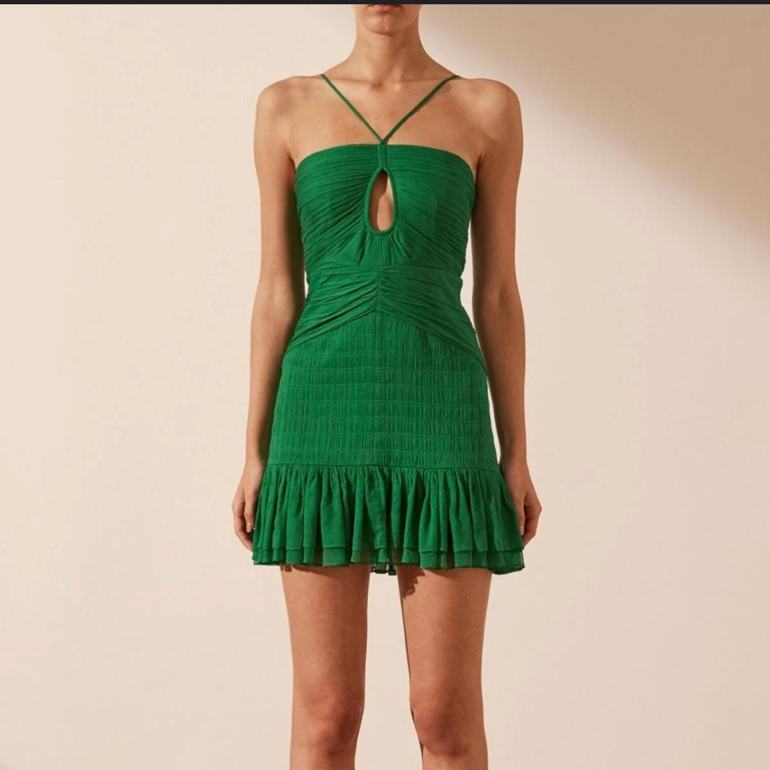 NEW Shona Joy Malina Keyhole Mini Dress Size 12 Green Ruffle Bottoms