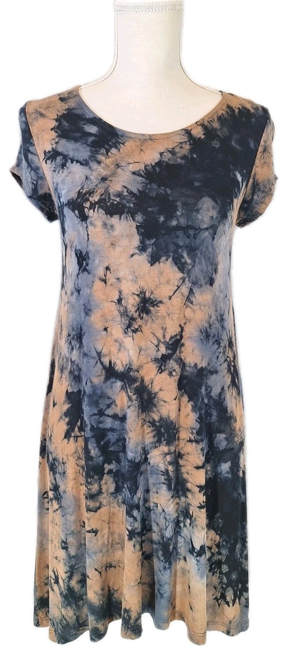 CHERISH SzS Tie Dye Aline Short Sleeve Knit T-Shirt Swing Dress Blue Brown Black