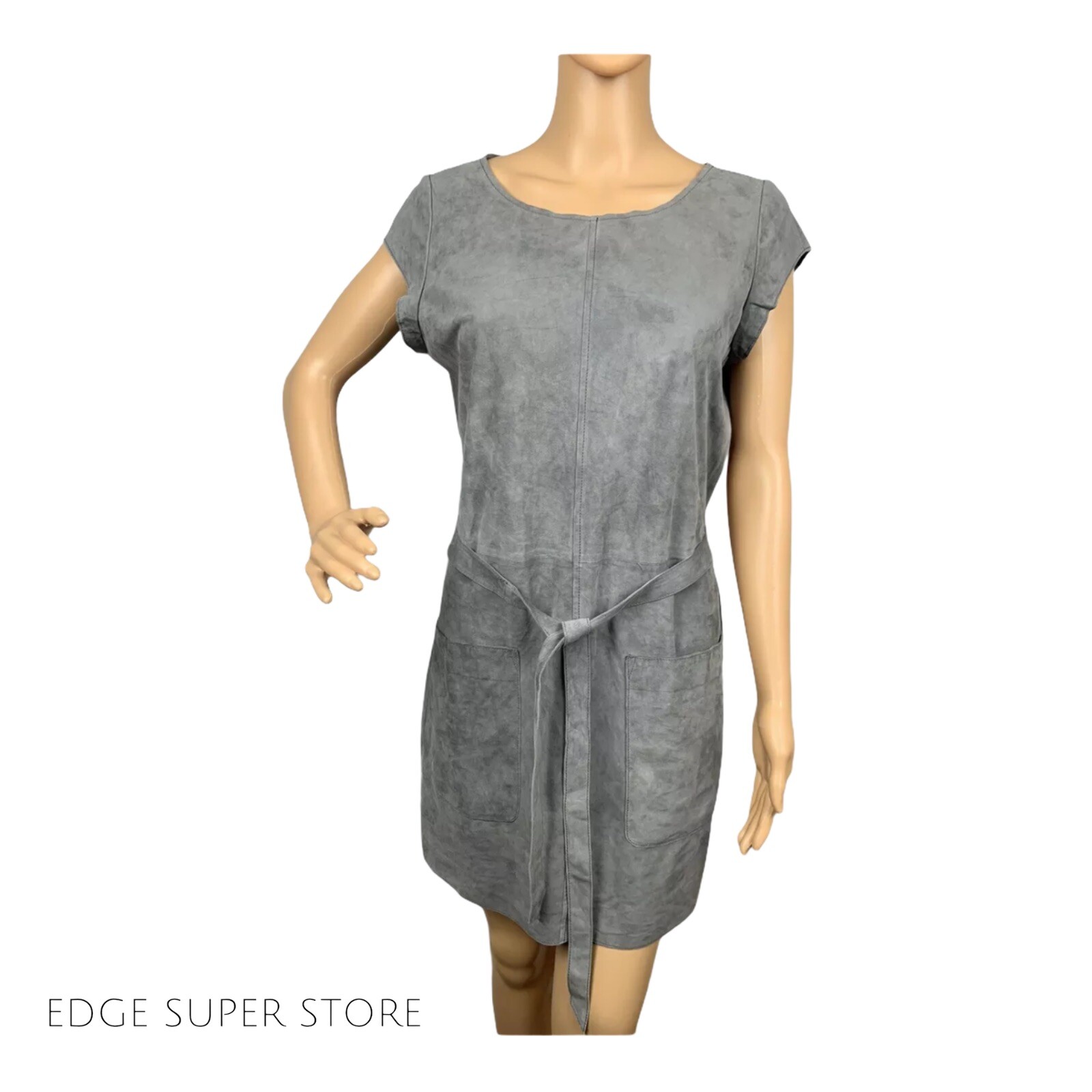 Joie Gray Short Sleeve Belted Pocket Goat Leather Suede Casual Dress Size Small