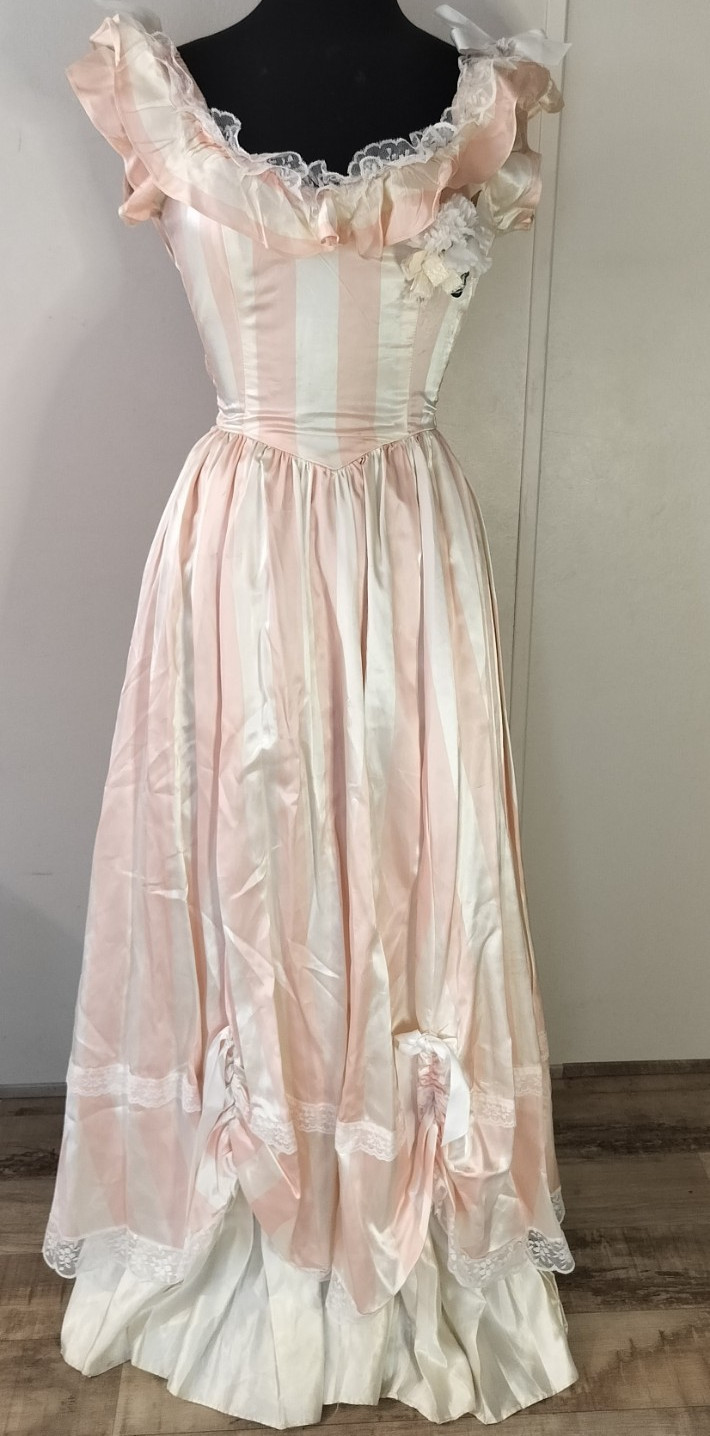 Pink White Striped Satin Acetate Maxi Dress Lace Ruffle Bow Zip 7/8