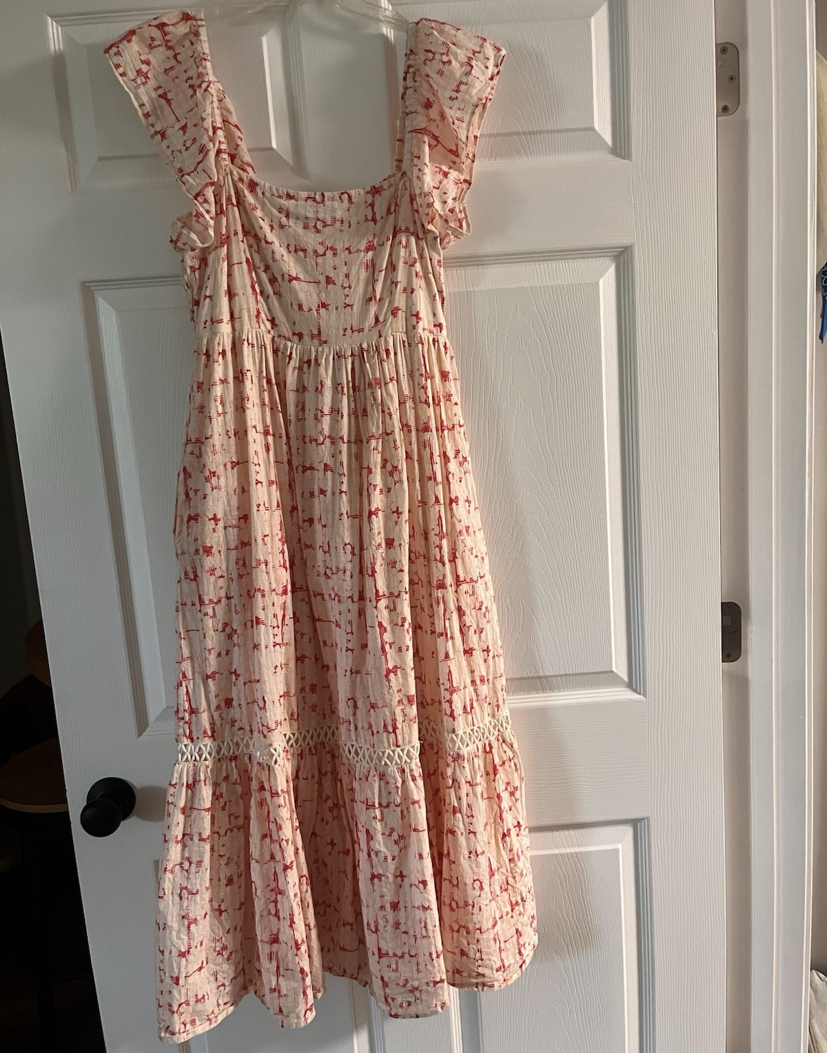 Olivia James the Label Women’s S Cream Red Abstract Smocked Ruffle Midi Dress