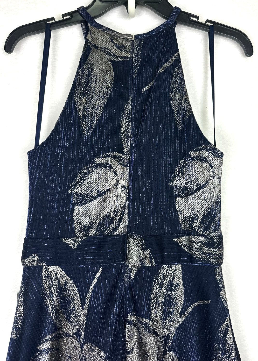Betsy & Adam Metallic Gown Halter Floral Slit Pockets Formal Navy Silver 8 $289