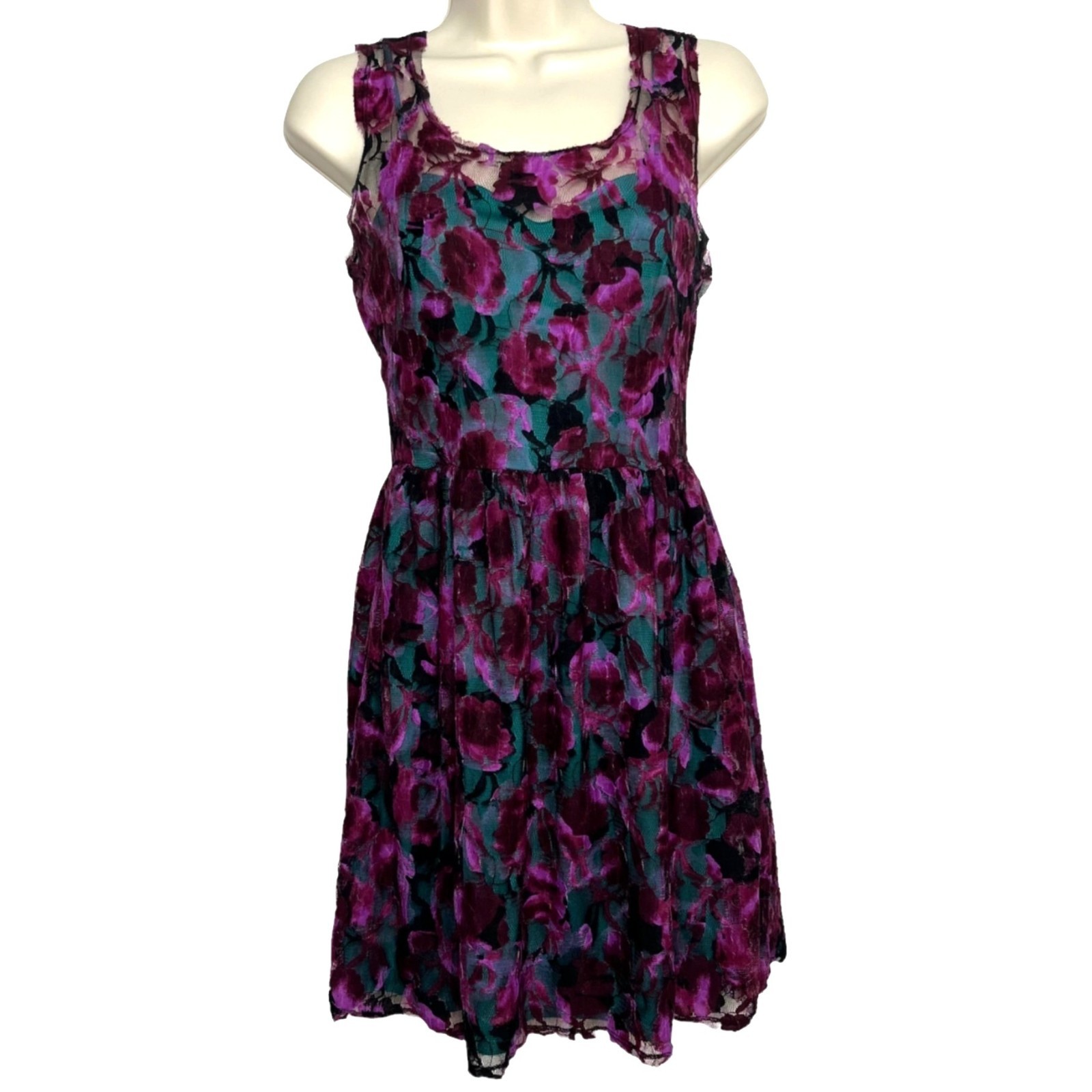 Pins & Needles Lace Overlay Dress Teal Fuchsia Velvet Floral Sleeveless S