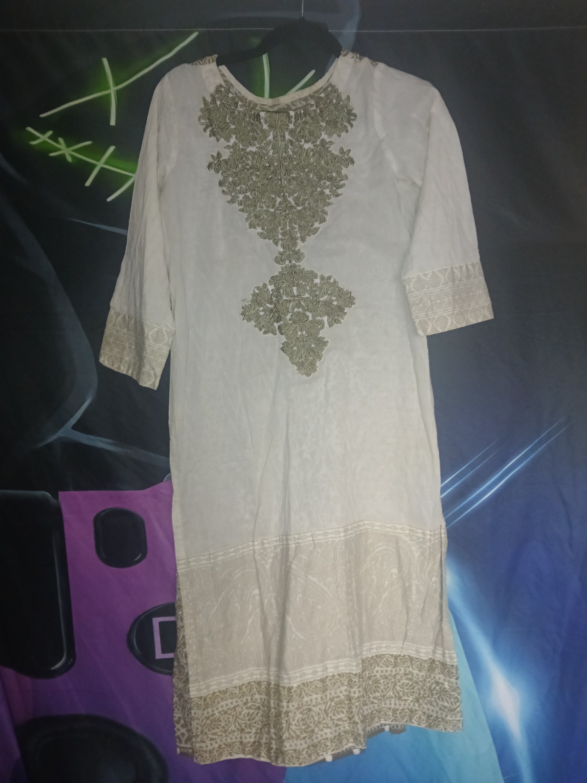 Women’s Boho Embroidered Tunic Dress Beige Cream Size S