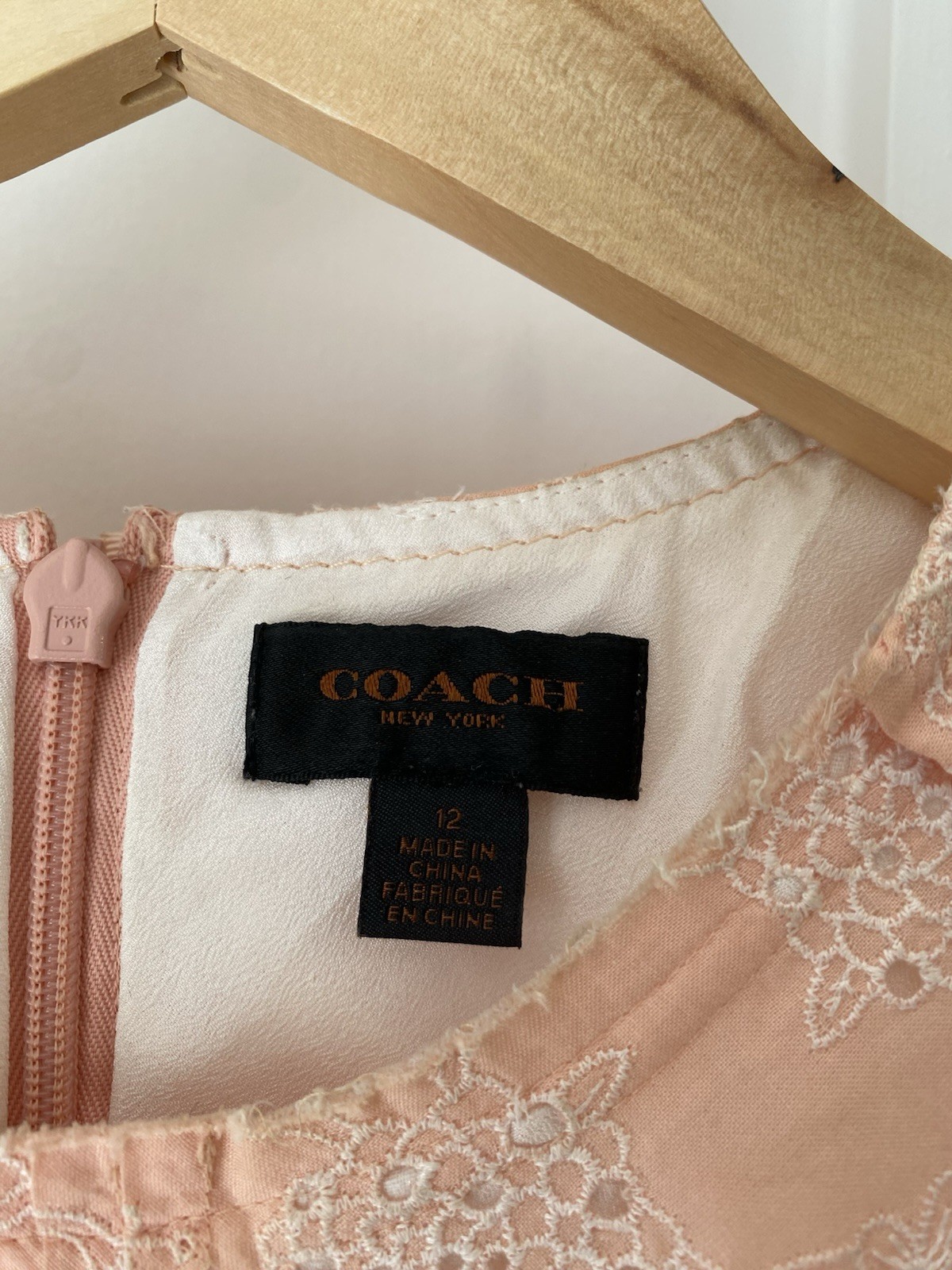 Coach Floral Eyelet Embroidered Mini Dress Womens Sz 12 Peach Ruffle Hemline