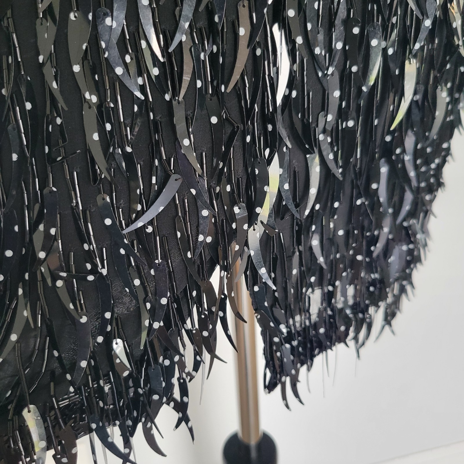Vintage 100% Silk Black Polka Dots Sequined Beaded Fringe V-neck Dress Sz Medium