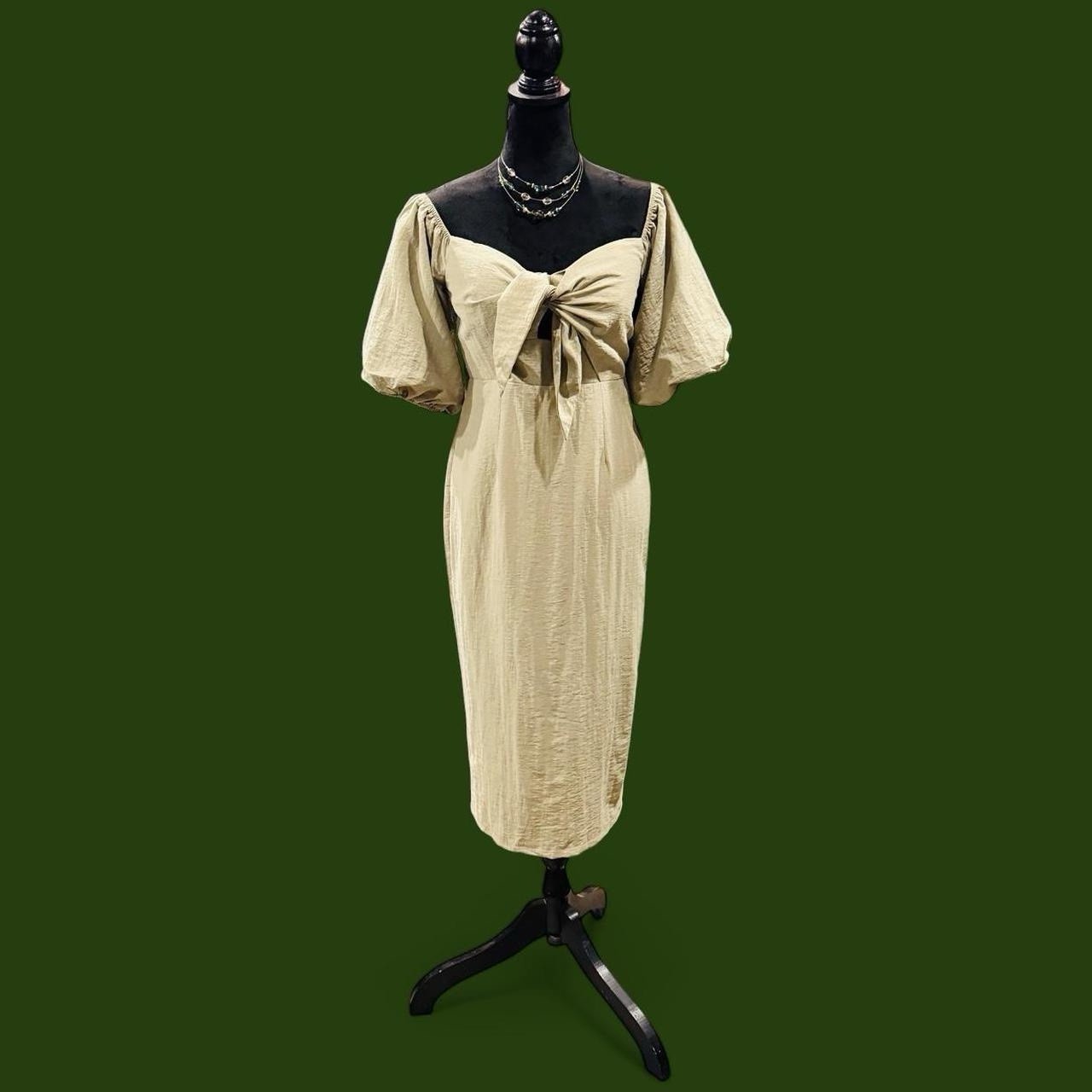 Billy J Amy Dress Olive Tie Front Puff Sleeve Midi Dress Size 12 NWT